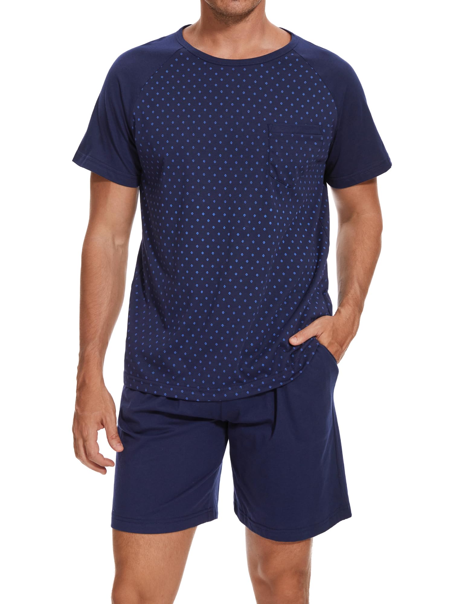 Winovia Herren Schlafanzug Kurz Baumwolle Rundhalsausschnitt Pyjamaset Nightwear Set Sommer Shorty Nachtwäsche