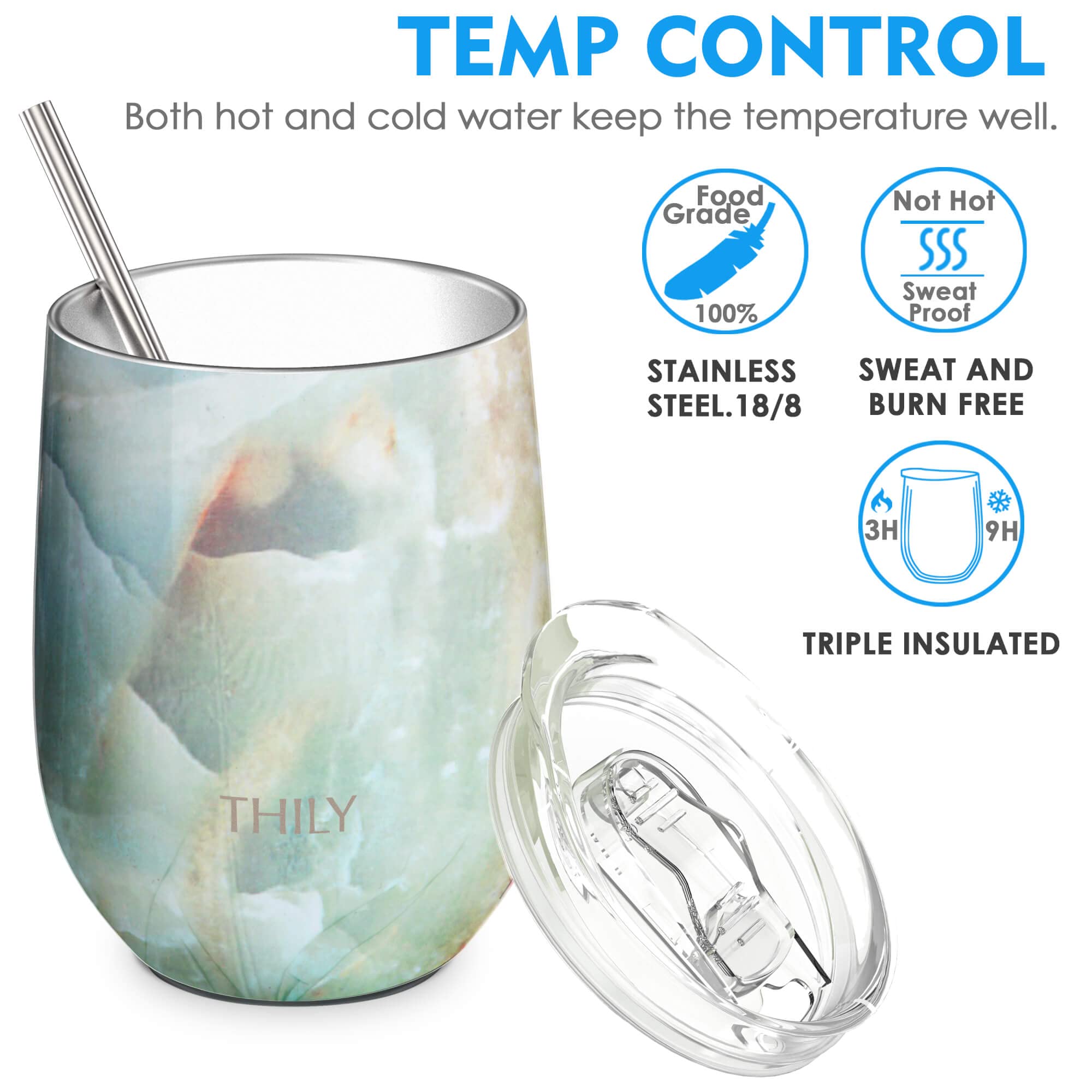 Wine Tumbler Vacuum Insulated Stemless, Markline 12 oz Triple-Insulated Stainless Steel Wine Glasses with Lid and Straw - Image 2
