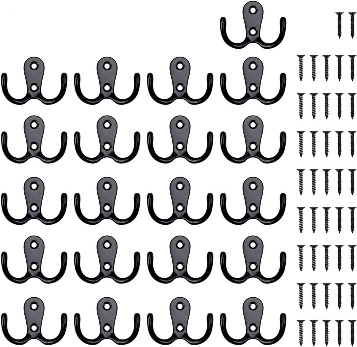 OUSHINAN 21 Pieces Double Prong Robe Hook Rustic Hooks Retro Cloth Hanger Coat Hanger Wall Mounted Hook with 42 Pieces Screws (Black Color)