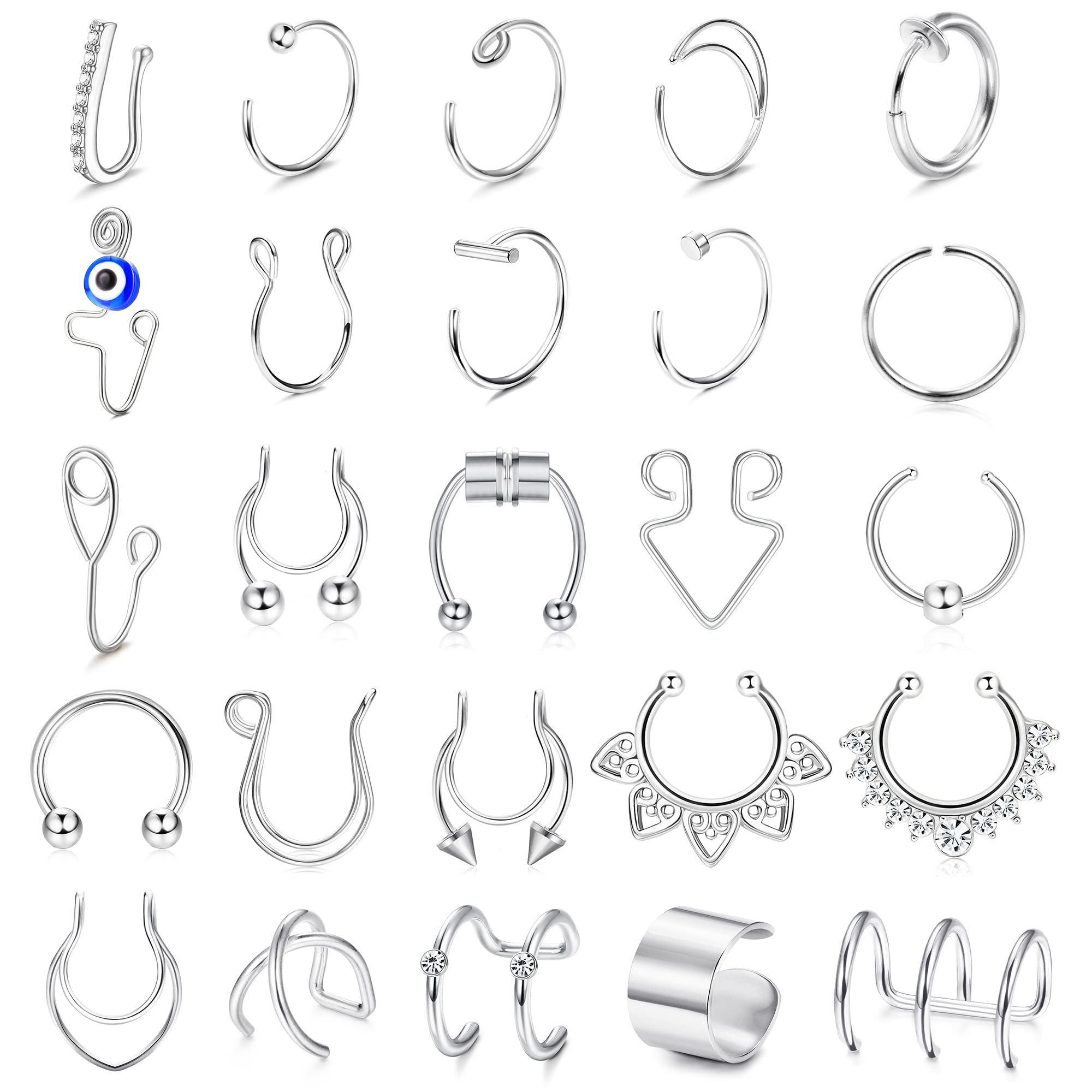 Kakonia 25 anillos falsos para la nariz para mujeres y hombres, anillo magnético para la nariz del tabique, clip para el mal de ojo, aros para la nariz, aros para la nariz, juego de piercings