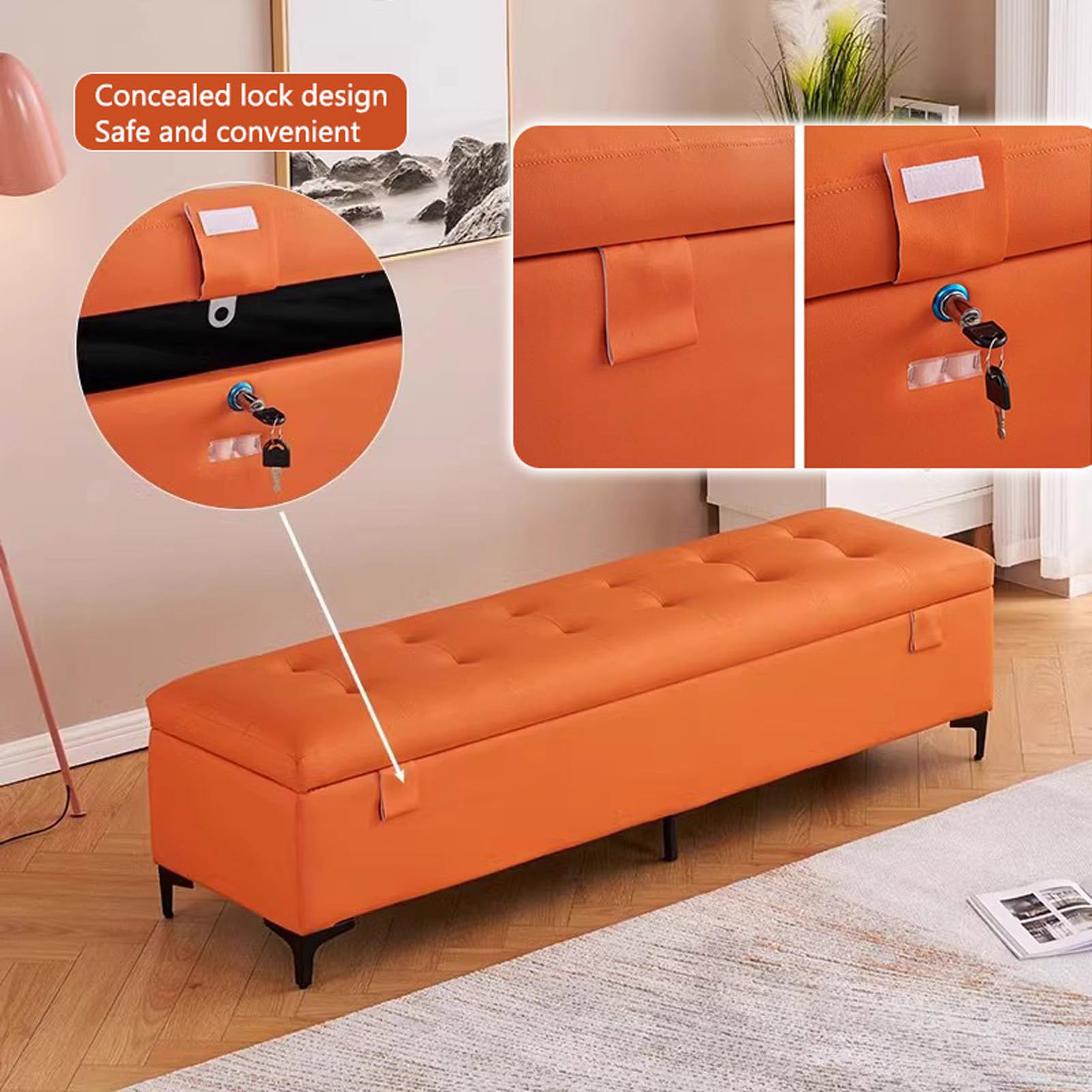 Banco otomano de Cuero con almacenaje - Baúl Acolchado para Entrada y al pie de la Cama con Cerradura, Elegante Organizador para Sala de Estar y baño, Mueble versátil para la decoración del