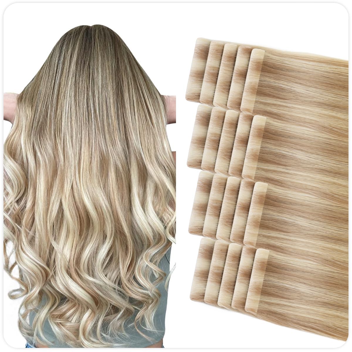 SUYYA Invisible Tape in Hair Extensions Human Hair Seamless Injected Hand-Tied Pro Quality Virgin Human Hair Tape Ins Ash Blonde Highlighted Bleach