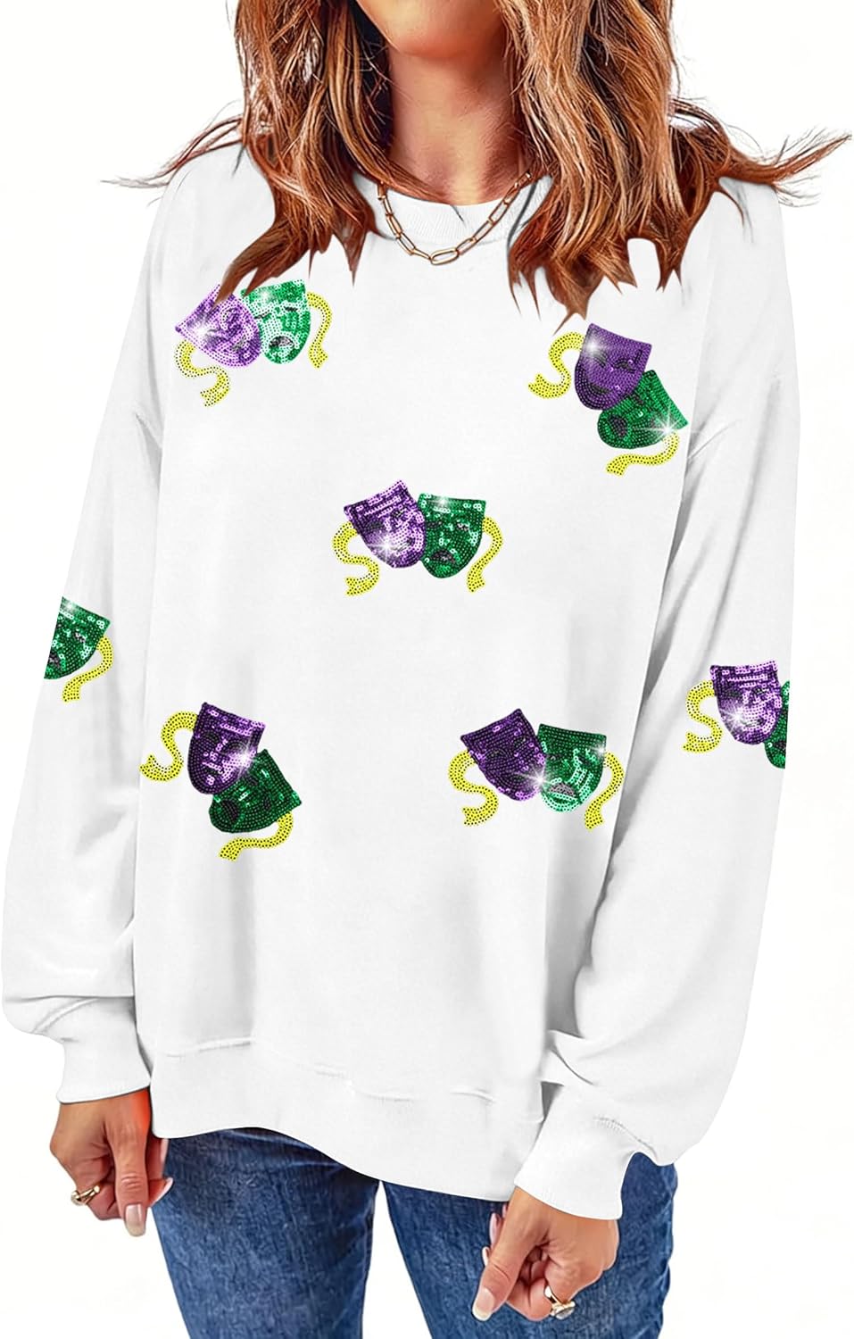KIDDAD Mardi Gras Sweatshirt for Women Carnival Sequin Crewneck Sweater Mask Graphic Pullover Tops Funny Holiday Shirts