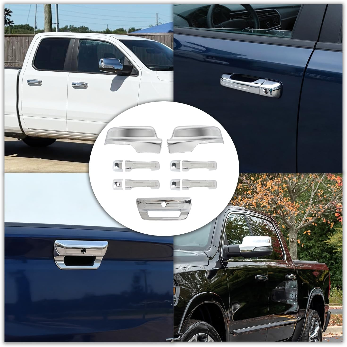 AUCERAMIC Chrome Mirror Cover Caps + Door Handle Covers Without Smart Keyholes+Tailgate Handle Cover with Camera Hole Fit 2019-2025 for Ram 1500 (Stick-on Overlay)