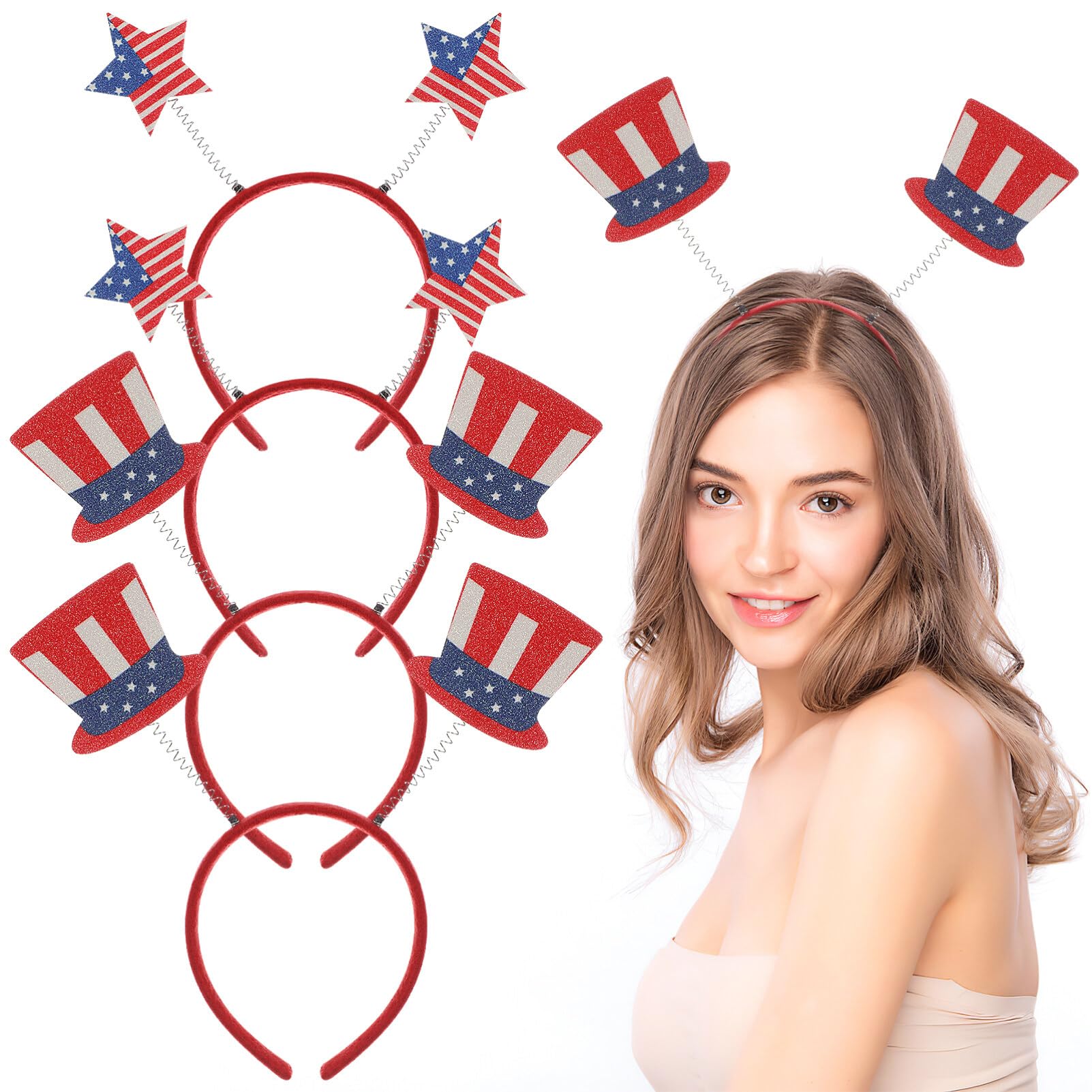 VALICLUD Cerchietto per capelli con stella, 4 pezzi, per festa del 4 luglio, con bandiera americana, cappello a cilindro, bopper, patriottico, per festa dell'indipendenza