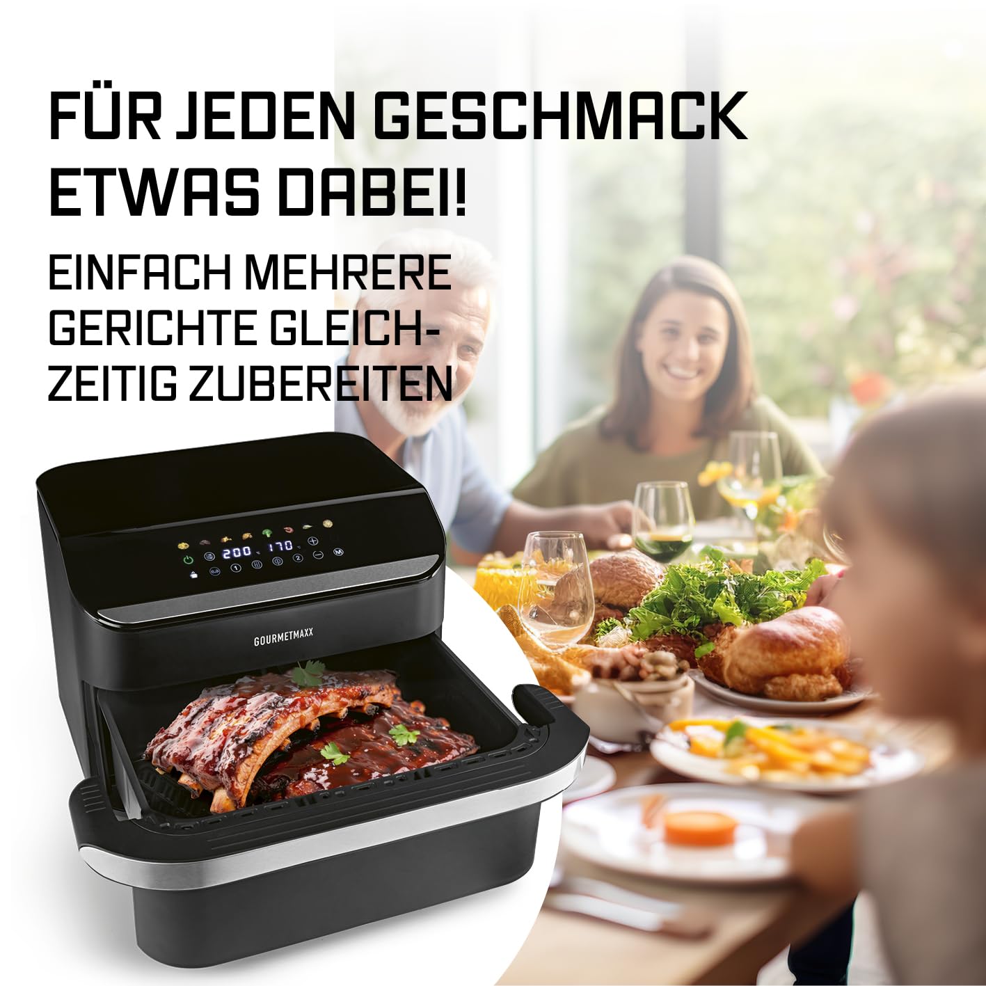 GOURMETmaxx Heißluftfritteuse, 10 L - 2 x 5 L Airfryer Vario-Kammer | Fritteuse mit 8 Programmen & Touchscreen | Heißluftfritteuse 2 Kammern – 2 Speisen gleichzeitig zubereiten | für max. 8 Personen
