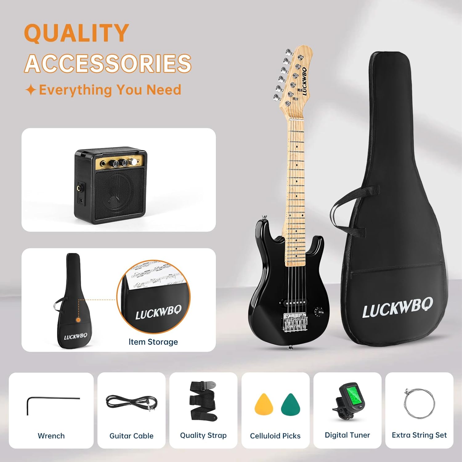 30 Inch Kids Electric Guitar Beginner Kits ST Style Mini Electric Guitar for Boys Girls，Electric guitar Starter Kit w/ 5W Amplifier, Strap, Gig Bag, Strings, tuner，strings，Picks (Black)