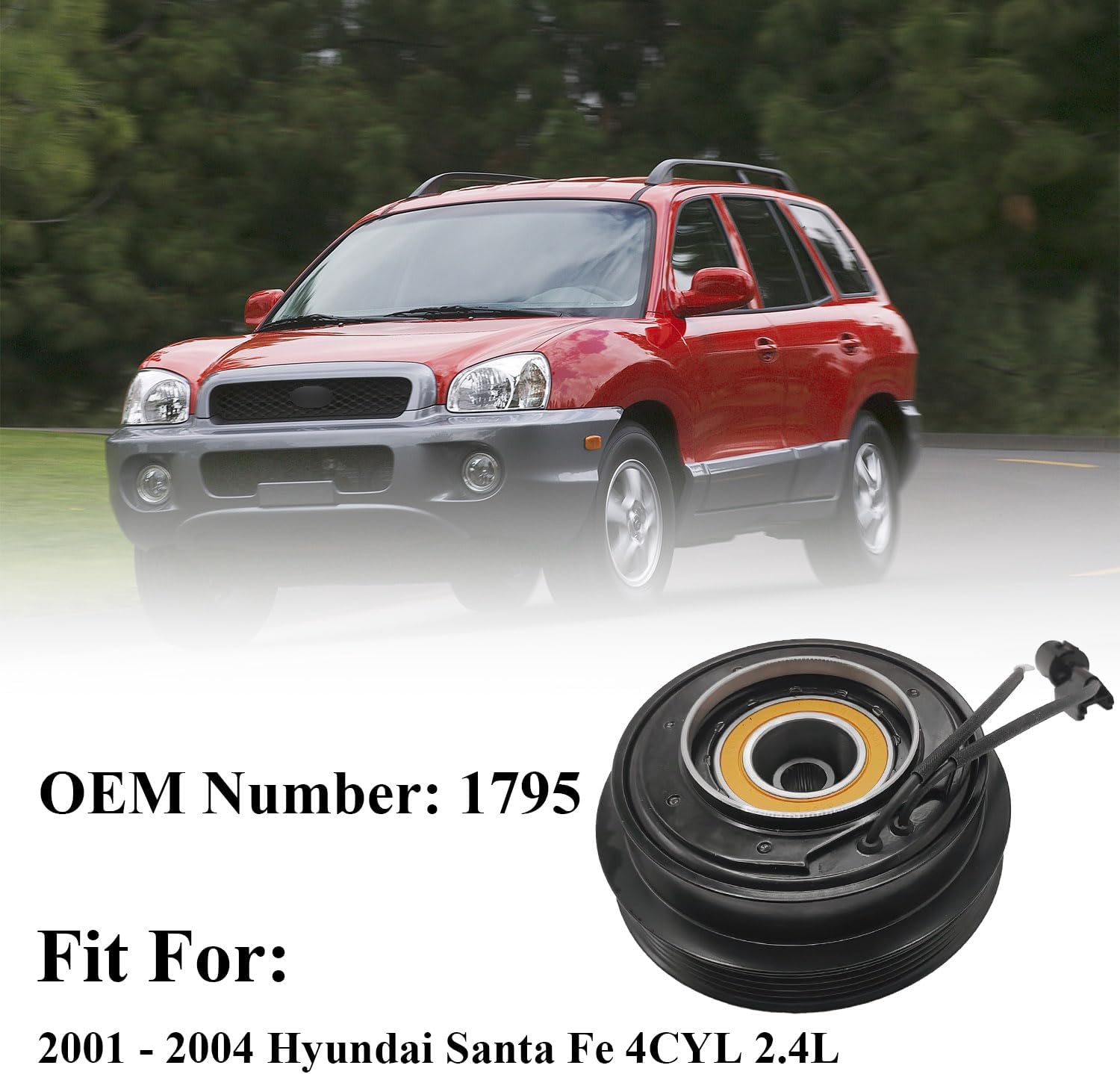 A/C Compressor Clutch Assembly Kit Plate Pulley Bearing Coil 1795 Replacement for 2001-2004 Hyundai Santa Fe 4CYL 2.4L, AC Air Conditioning Compressor Clutch Coil Auto Repair Kit