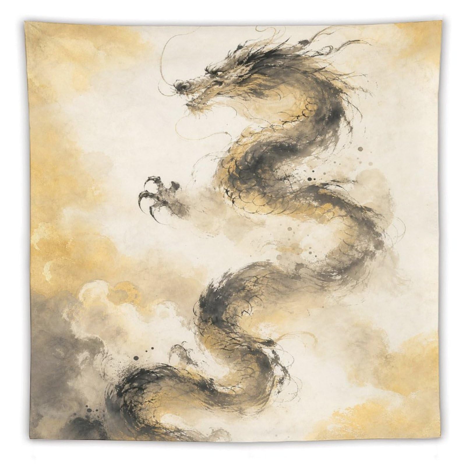 W7C8U2X3 Ink Dragon with Small Bird Wall Tapestry, Asian Ink, Bedroom