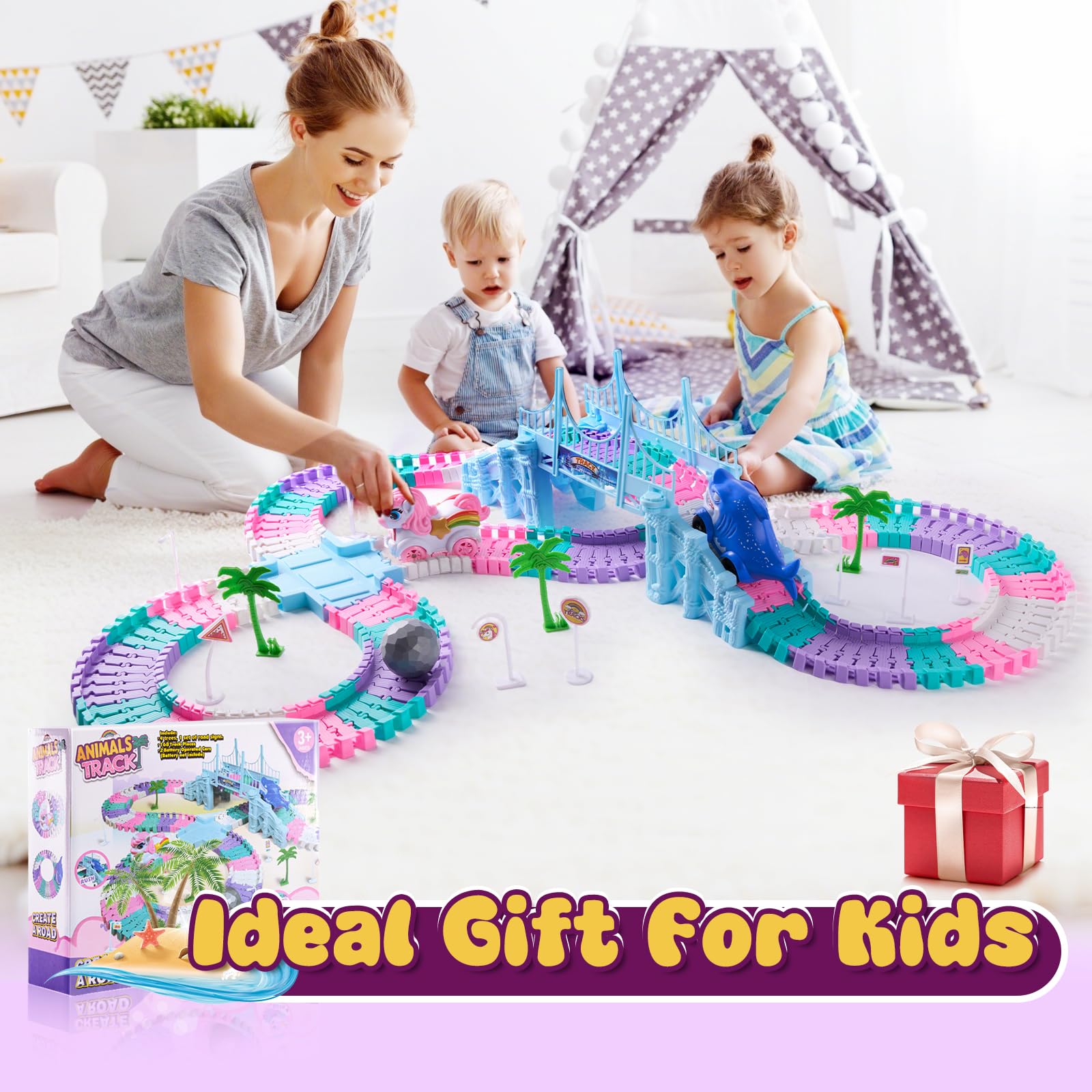 DIY Circuit Licorne 194 PCS – Piste Flexible et Modulable avec Voitures Requin & Balle, Jeu de Construction Créatif, Cadeau Licorne pour Filles et Garçons 3-12 Ans, Idée Cadeau Anniversaire Enfant
