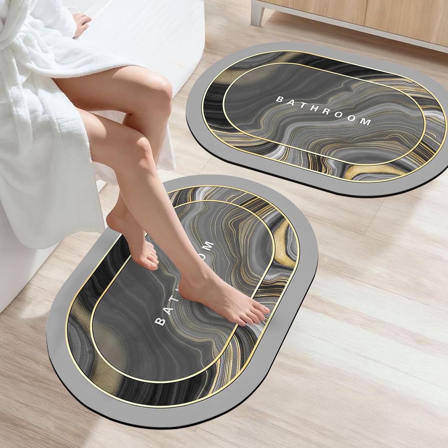 SITTELLA Rubber 3 Pieces (3.5Mm) Anti-Skid Water Soaking Marble Print Door Mat, Water Absorbent Mat (40X60Cm) Grey, Oval discount deal