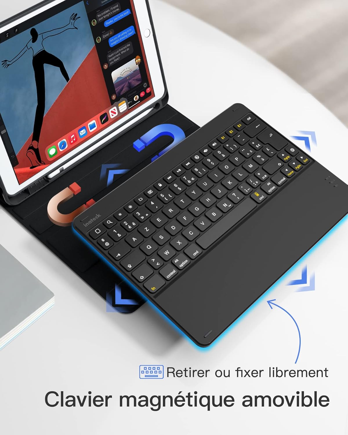 Inateck KB02017 keyboard connected to an iPad, illustrating the Bluetooth pairing process.