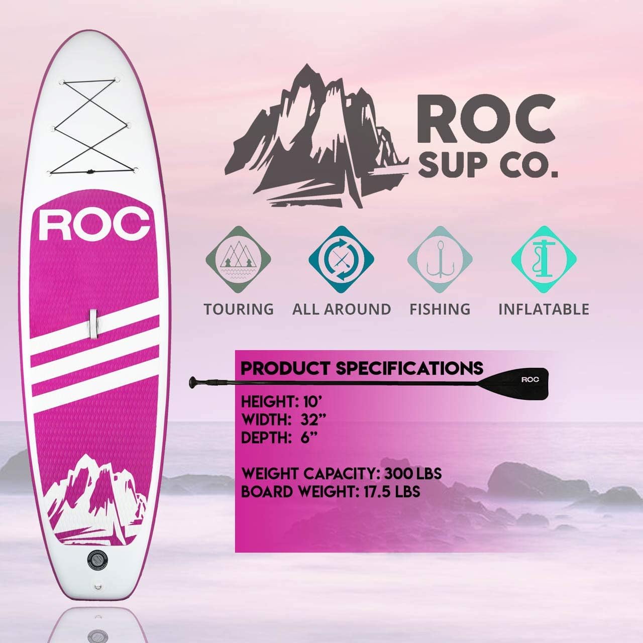 ROC Inflatable Stand Up Paddle Board with Premium Sup Accessories, Wide Stable Design, Non-Slip Comfort Deck | Youth & Adult (Pink) : Sports & Outdoors