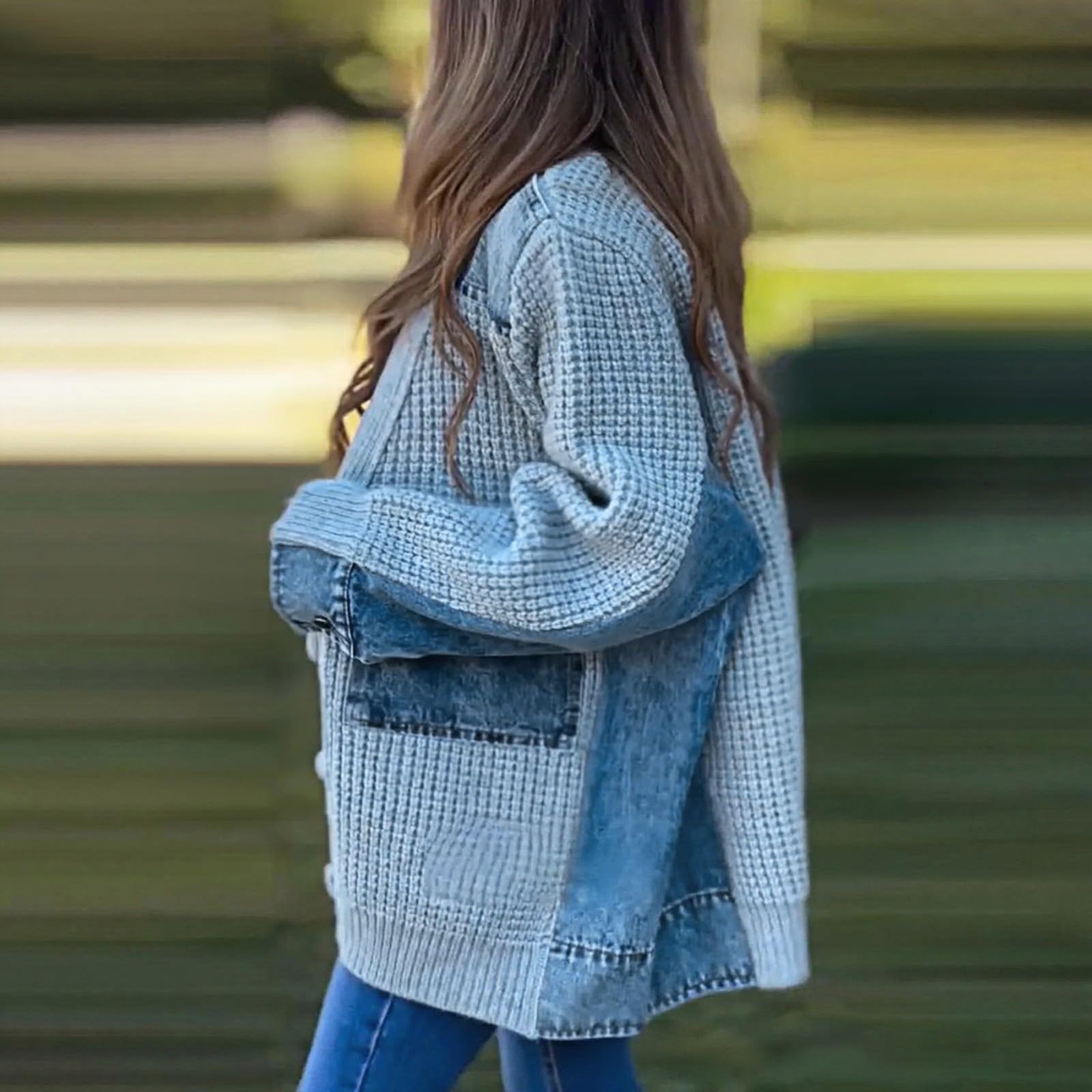 Chaqueta acolchada para mujer – Chaqueta de lana para mujer de punto de punto chaqueta Patchwork sudadera transpirable Tops ocio Chaquetas con múltiples bolsillos Cardigan con botón Chaquetas Thin
