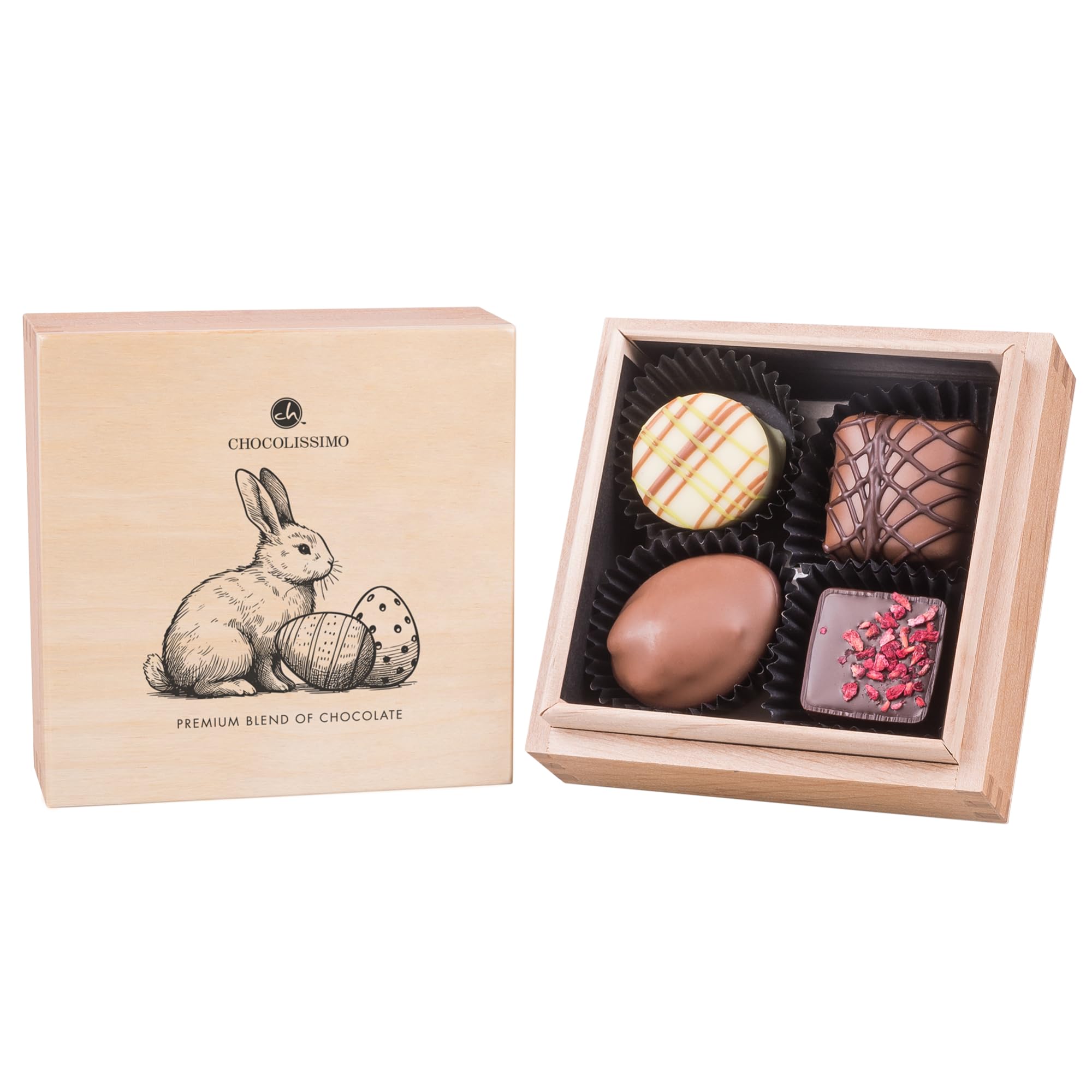 CHOCOLISSIMO - Czekoladki Wielkanocne w Pięknym Drewnianym Pudełku, 4 Ręcznie Robione Praliny, Wielkanocny Prezent dla Koneserów, Wielkanocne Czekoladowe Słodycze, Słodkie Prezenty