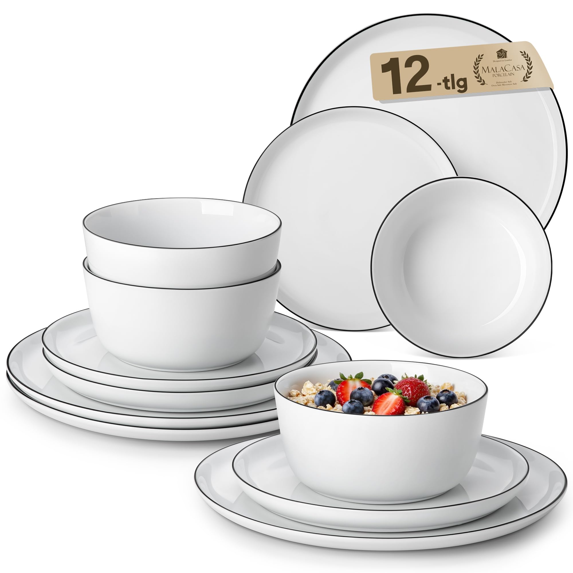 12 Pieces Gourmet Porcelain Dinnerware Sets, Premium Plates and Bowls Set, High-Fired Dishes Set for 4, Chip & Scratch Resistant, Microwave Dishwasher Safe, White & Black Rim, Series LEXI