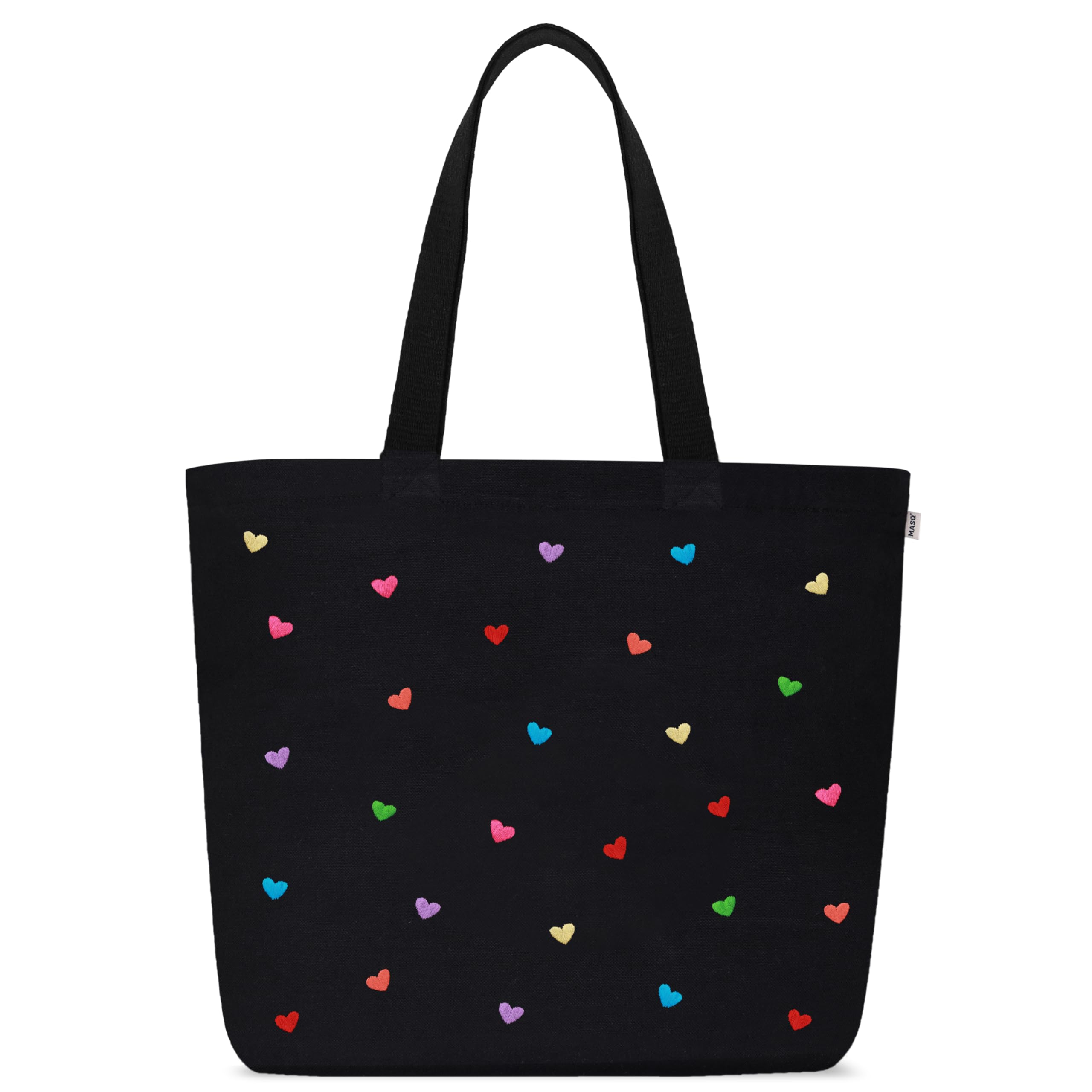 MASQ By Q-One Handcrafted Canvas Hearts Embroidered Utility Tote Bags For Women With Zip, College Bag For Girls, 100% Organic Cotton Tote Bag For Traveling & Daily Use (Black) (B0CJVB4J5J) Amazon Price History, Amazon Price Tracker