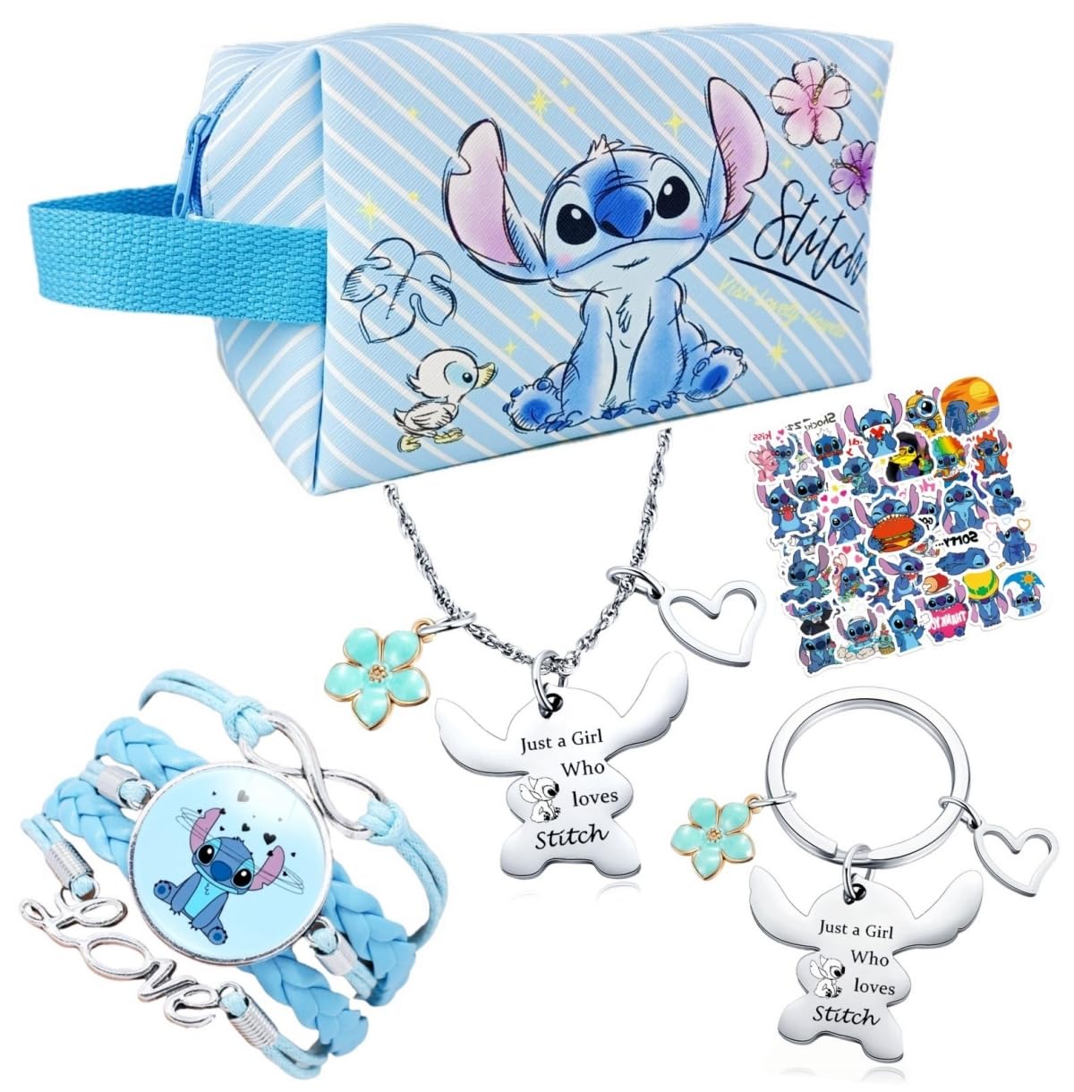 BLUEZYStitch Travel Cosmetic Bag Gifts for Girls, Stitch Stuff Large Capacity Makeup Bag, Anime Merch Travel Toiletry Bag Makeup Accessories, Include Makeup Bag, Keychain, Bracelet, Necklace and Stickers