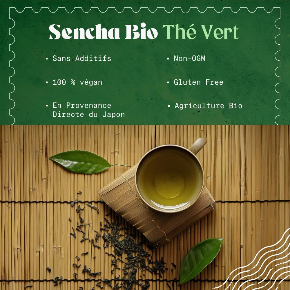 NaturaleBio Thé vert Sencha Japonais Bio - Upper grade - de 200g. Bio, Naturel et Pur, Thé vert en vrac de première récolte cultivée au Japon. Organic Japanese Sencha Green Tea.