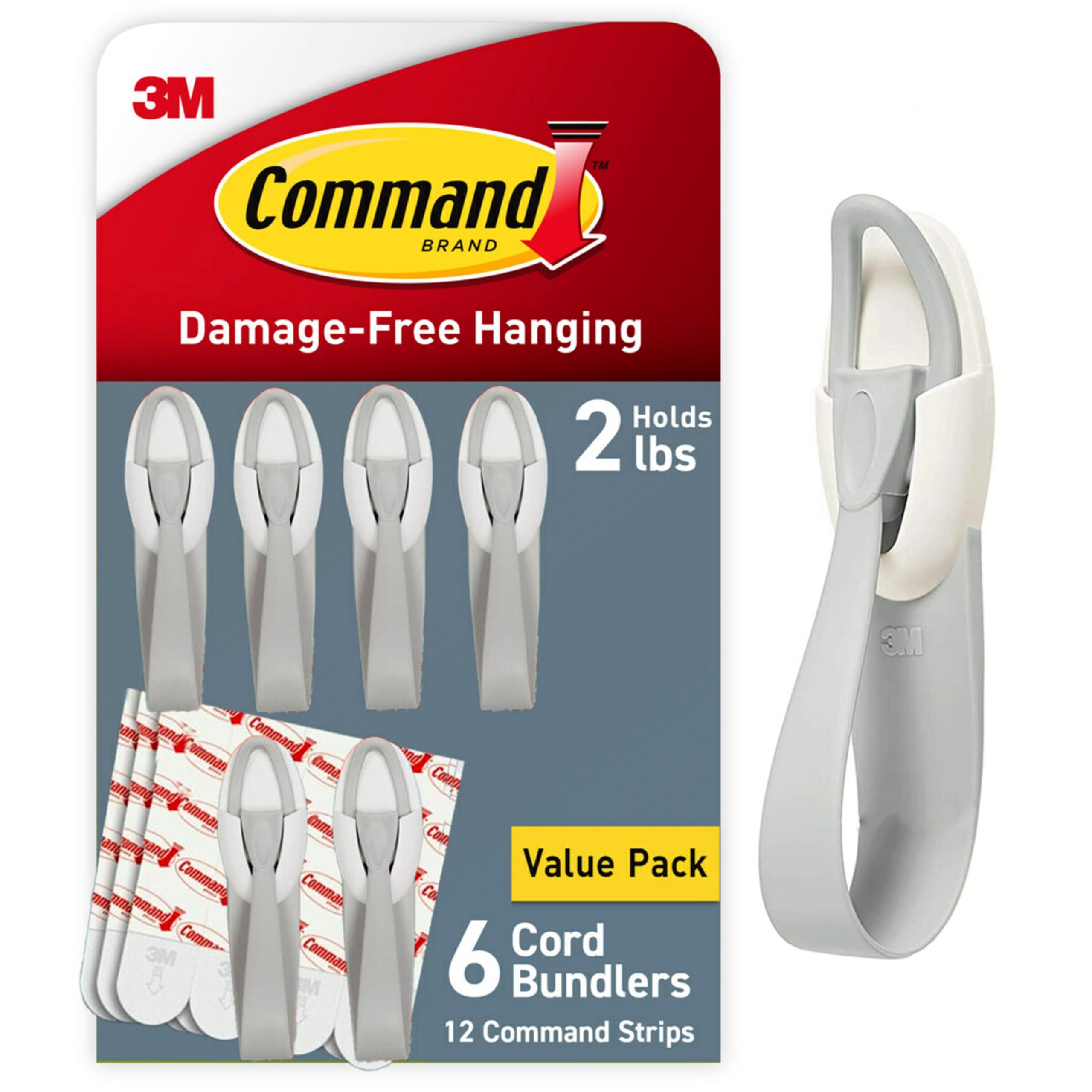 Command Range-cordons sans dommages, sans outils, pour accrocher des câbles électriques, 6 regroupeurs de cordons gris et 12 bandes