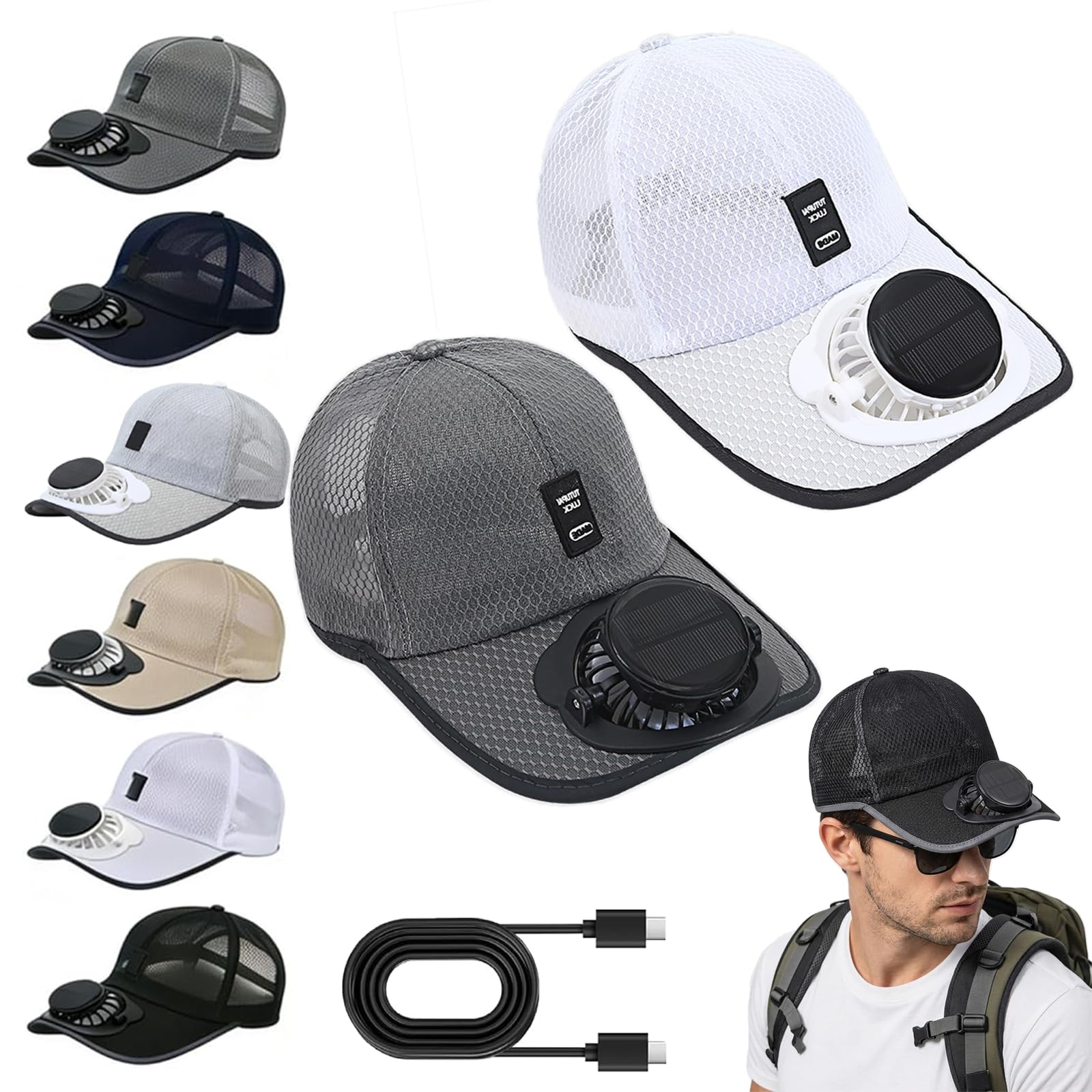Solar Rechargeable Peak Cap - 2026 New Ultralight Solar Fan Sun Hat, 360° Adjustable Wind Direction, 300mAh 5V/2A 2H Runtime, Unisex Fishing Camping Hiking (2pcs D)