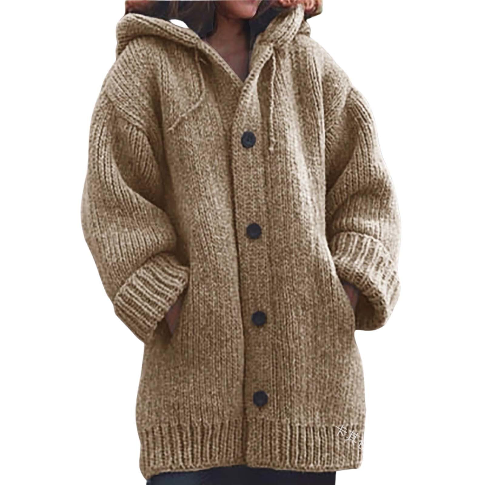 Fall Button Down Open Front Cardigan for Womens Casual Winter Long Sleeve Cable Knitted Hooded Sweaters Coats