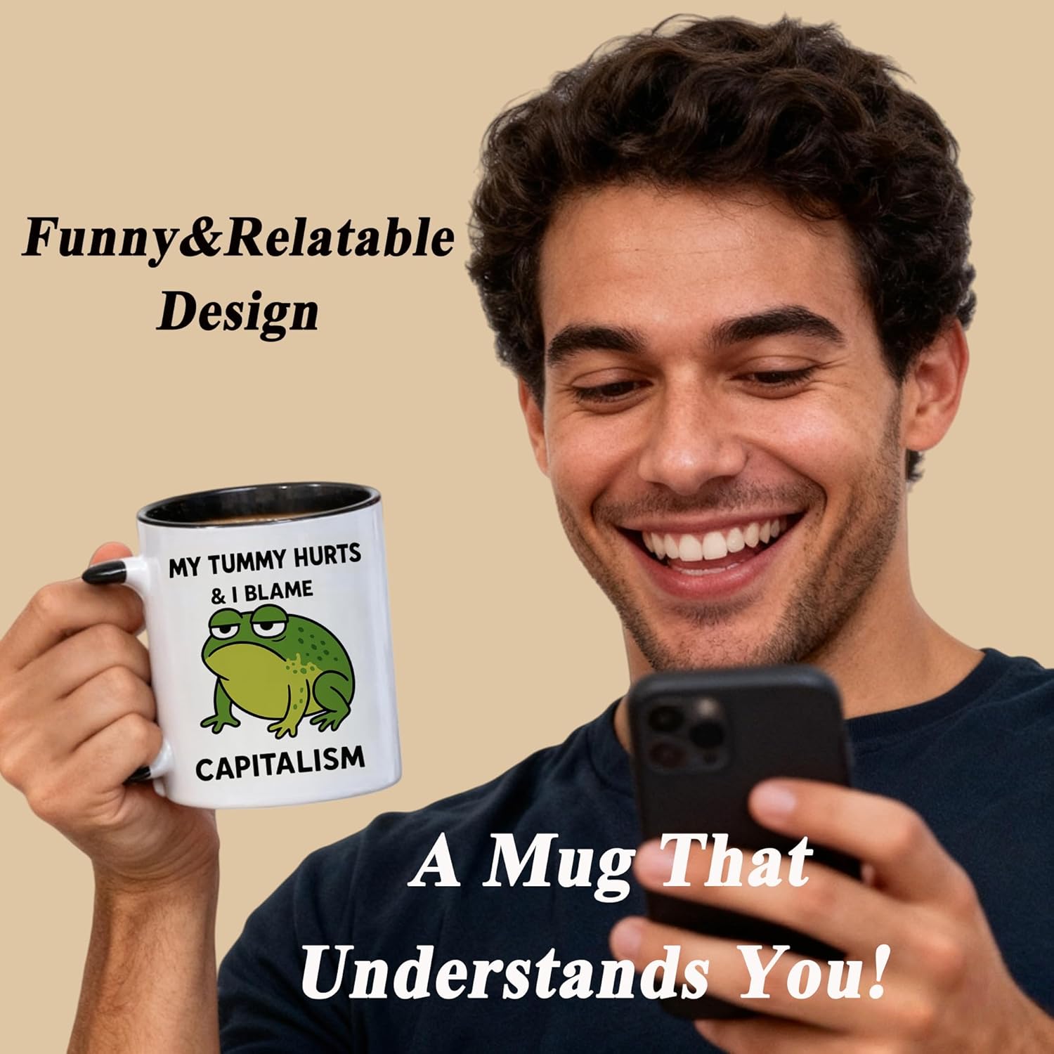 Funny Coffee Mug – “My Tummy Hurts & I Blame Capitalism” Ceramic Cup, Cute Animal Meme Mug, Political Gag Gift for Men Women, Tea Cup for Home Office - Image 4