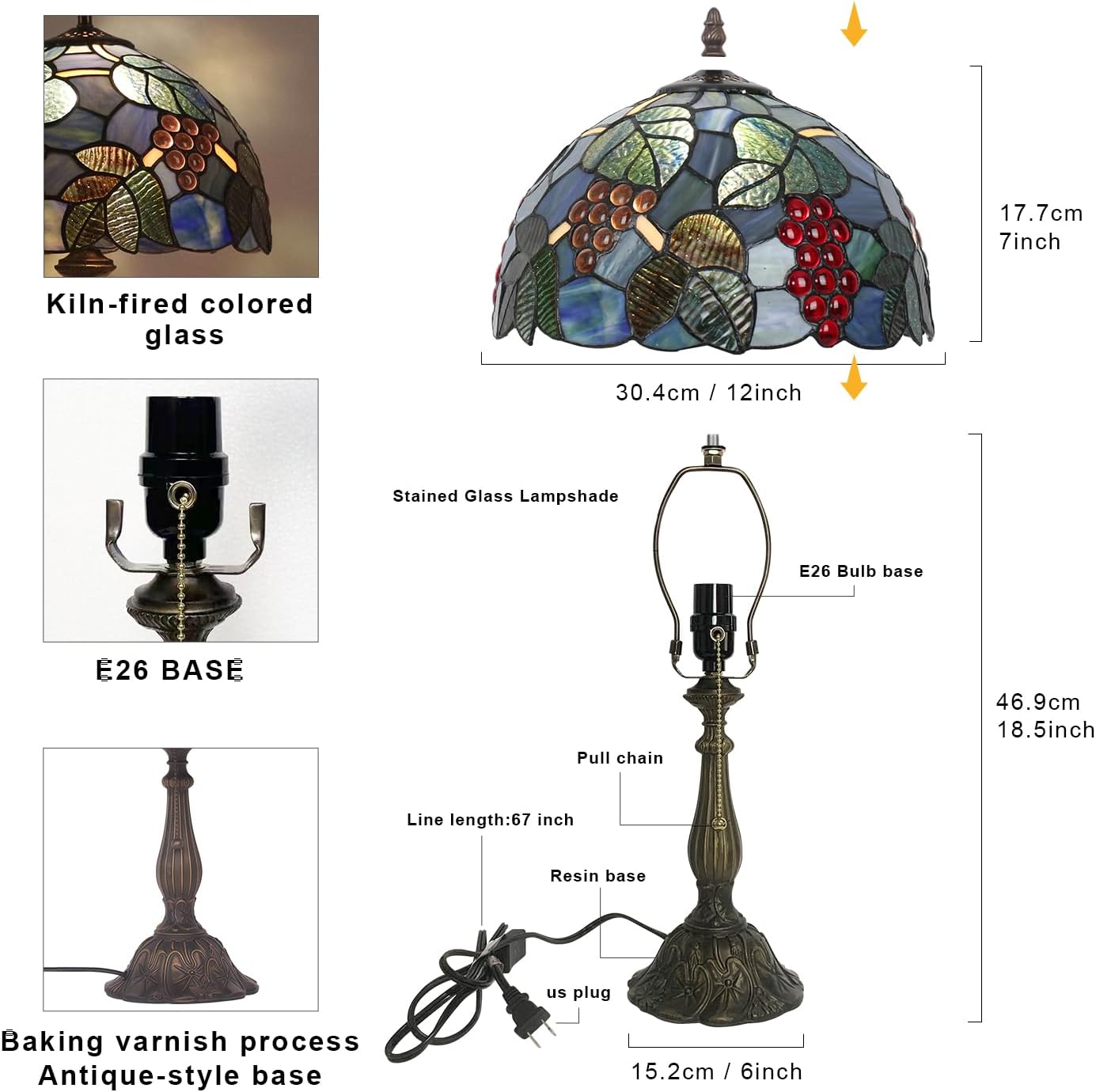 Tiffany Lamp,W12H19 Inch Stained Glass Table Lamp,Antique Desk Light,Art Decor Table Lamp (Grape)