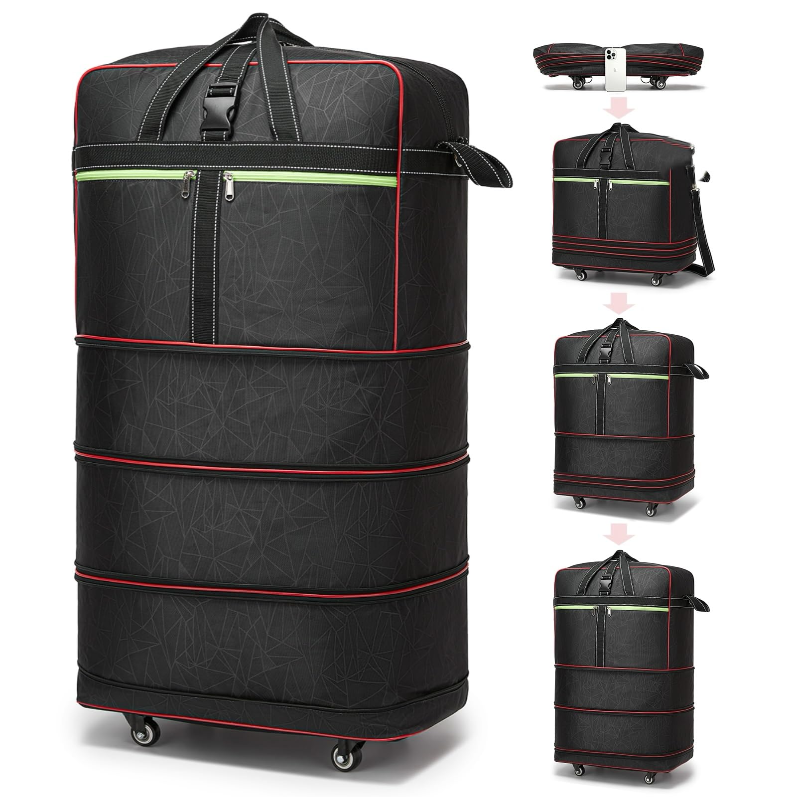 Faltbare Reisetasche, groß, erweiterbar, Roll-Reisetasche mit Rollen, wasserdicht, zusammenklappbar, Handgepäcktasche mit Rollen und Griff, Schwarz