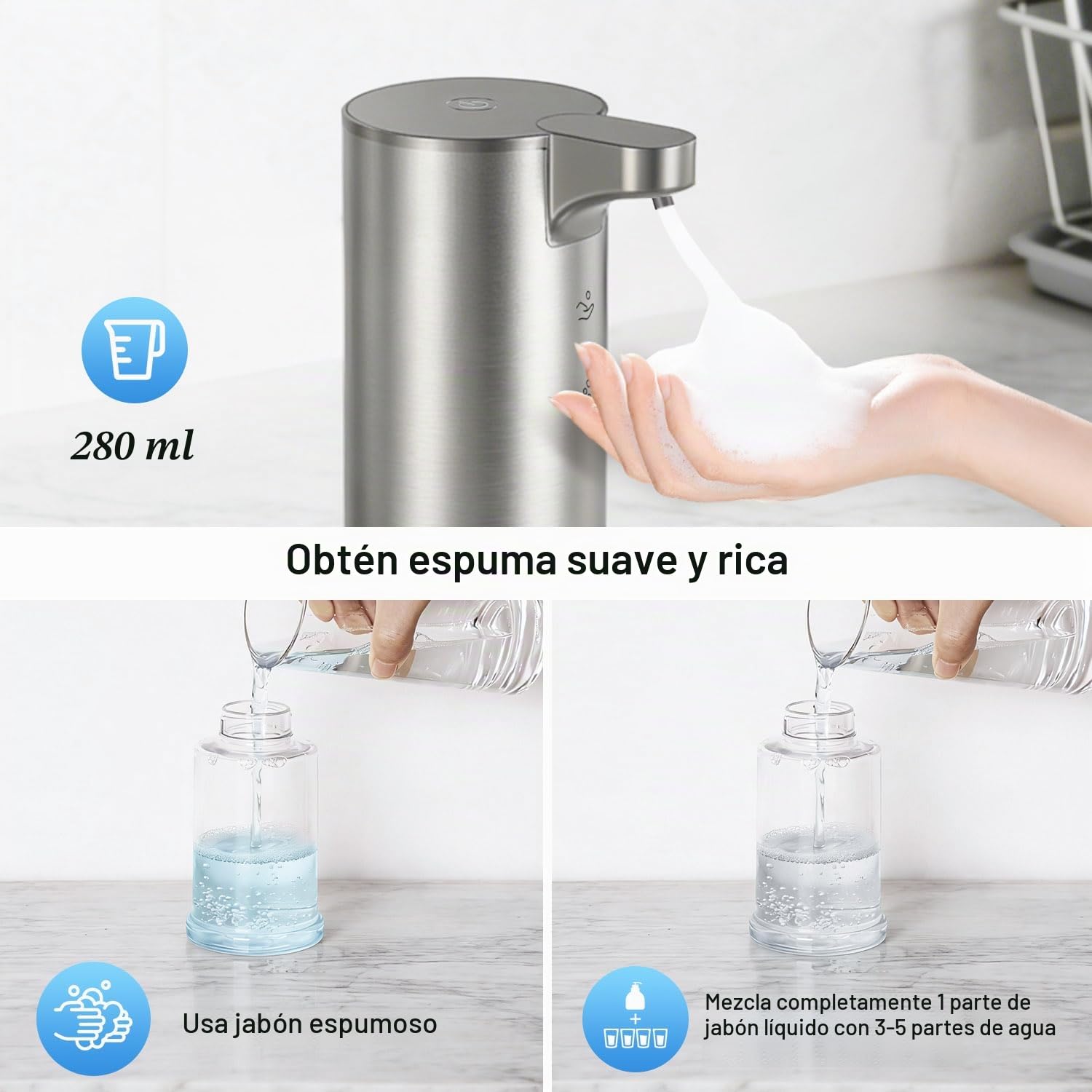 Dispensador Jabon Espuma Automatico Acero Inoxidable: Sin Contacto Diseño | LED Indicador Luminoso, USB Recargable, 0.2s Rápido Sensor, Impermeable Diseño, para Baño Cocina Hogares Lavado de manos