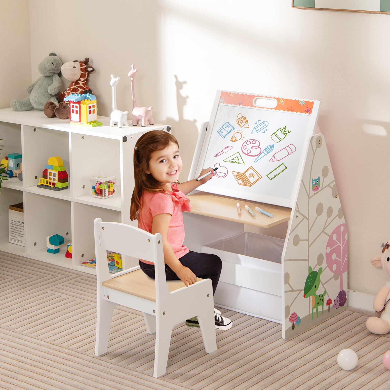 COSTWAY Cavalletto per Bambini Doppio Lato, Set Tavolo e Sedia per Bambini con Lavagna Magnetica e Lavagna Bianca, Contenitore in Tessuto e Libreria(Bianco)
