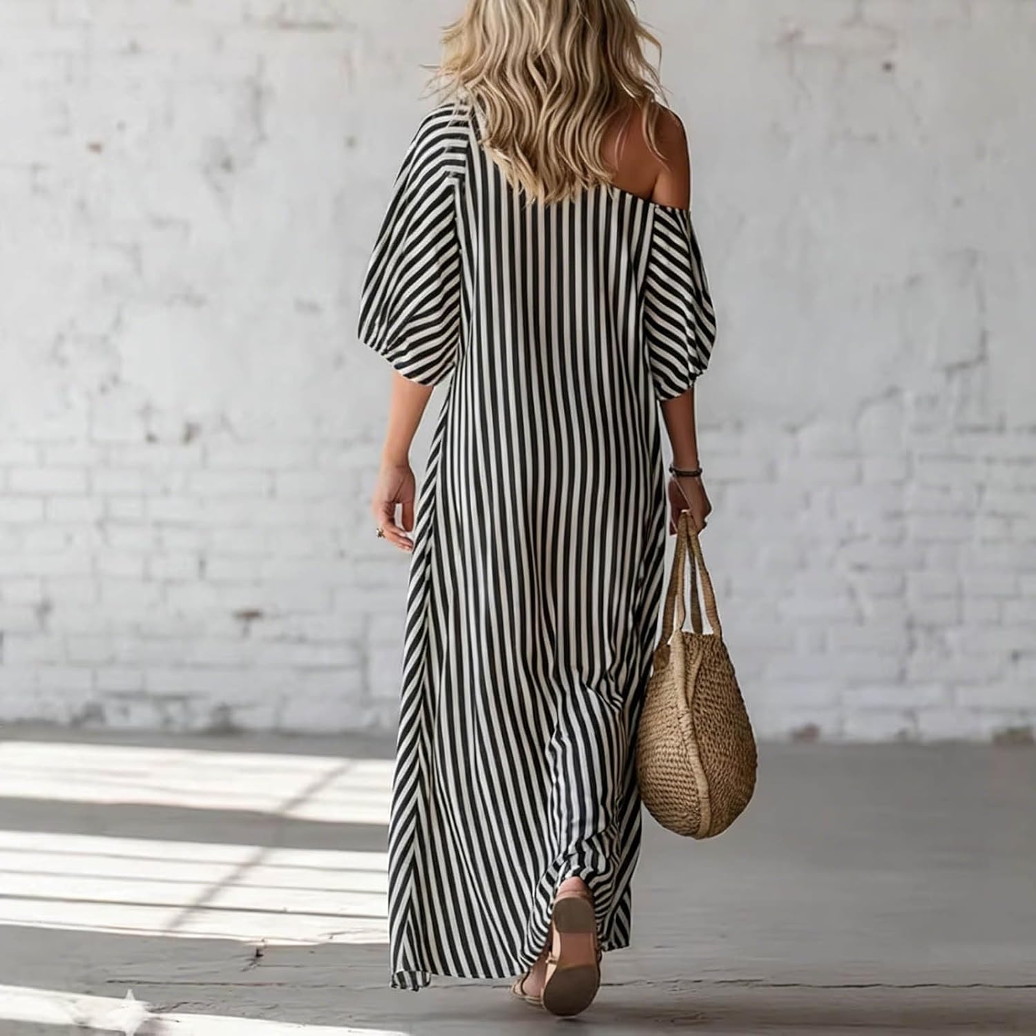 Women's Off Shoulder Striped Maxi Dress Puff Short Sleeve Loose Fit Flowy Dress Boho Summer Vacation Dresses 2026