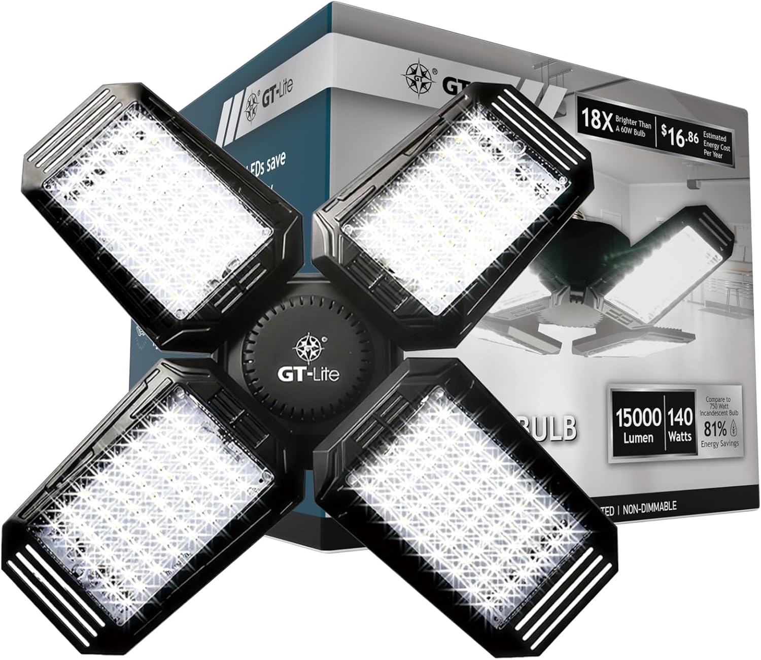 15,000 Lumen LED Adjustable 4 Panel Bulb, Uses Only 140W, Daylight, E26 Base, LED Garage Light for Indoors Workshop Warehouse