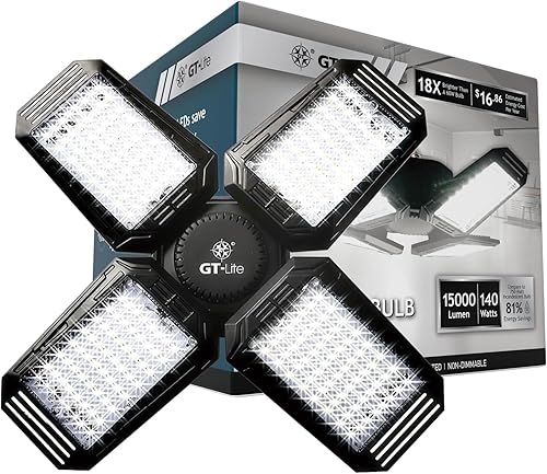 Miniatura 10 de GT-Lite Luz LED de garaje de 3000 lúmenes, equivalente a 300 vatios, bombilla ajustable de 3 paneles, equivalente a 150 W, luz diurna de 5000 K, E26
