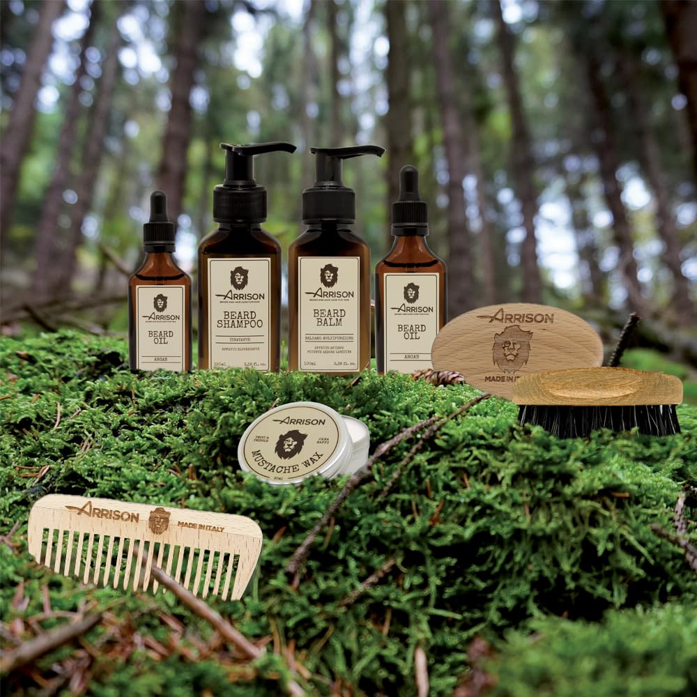 ARRISON Kit Barbe Homme Fabriqué en Italie Boîte en Bois de Bouleau Shampoing Huile à Barbe Brosse en Bois de Hêtre Poils de Sanglier