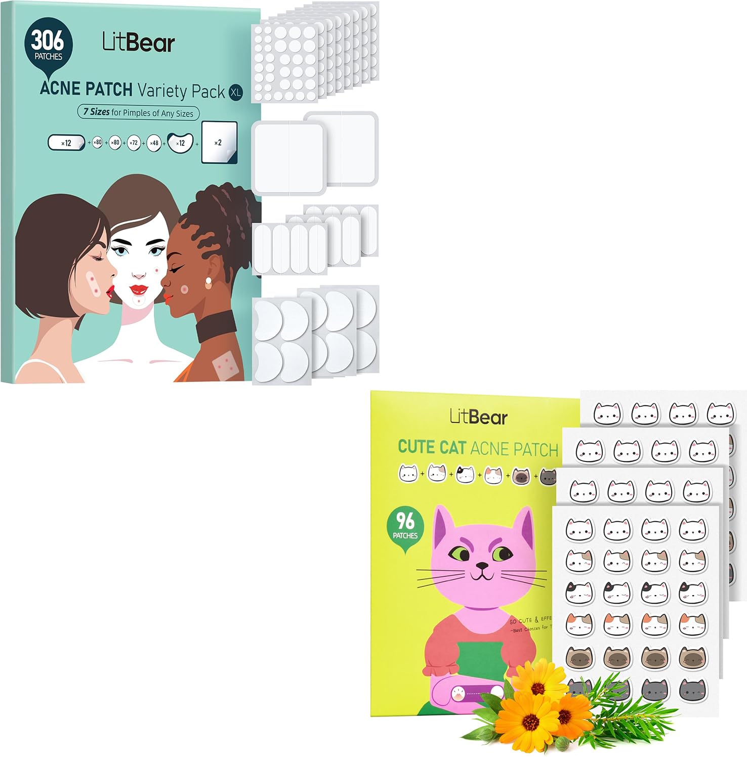 LitBear Large Pimple Patches 7 Sizes 306 Patches Cat Shaped Acne Patches 96 Patches