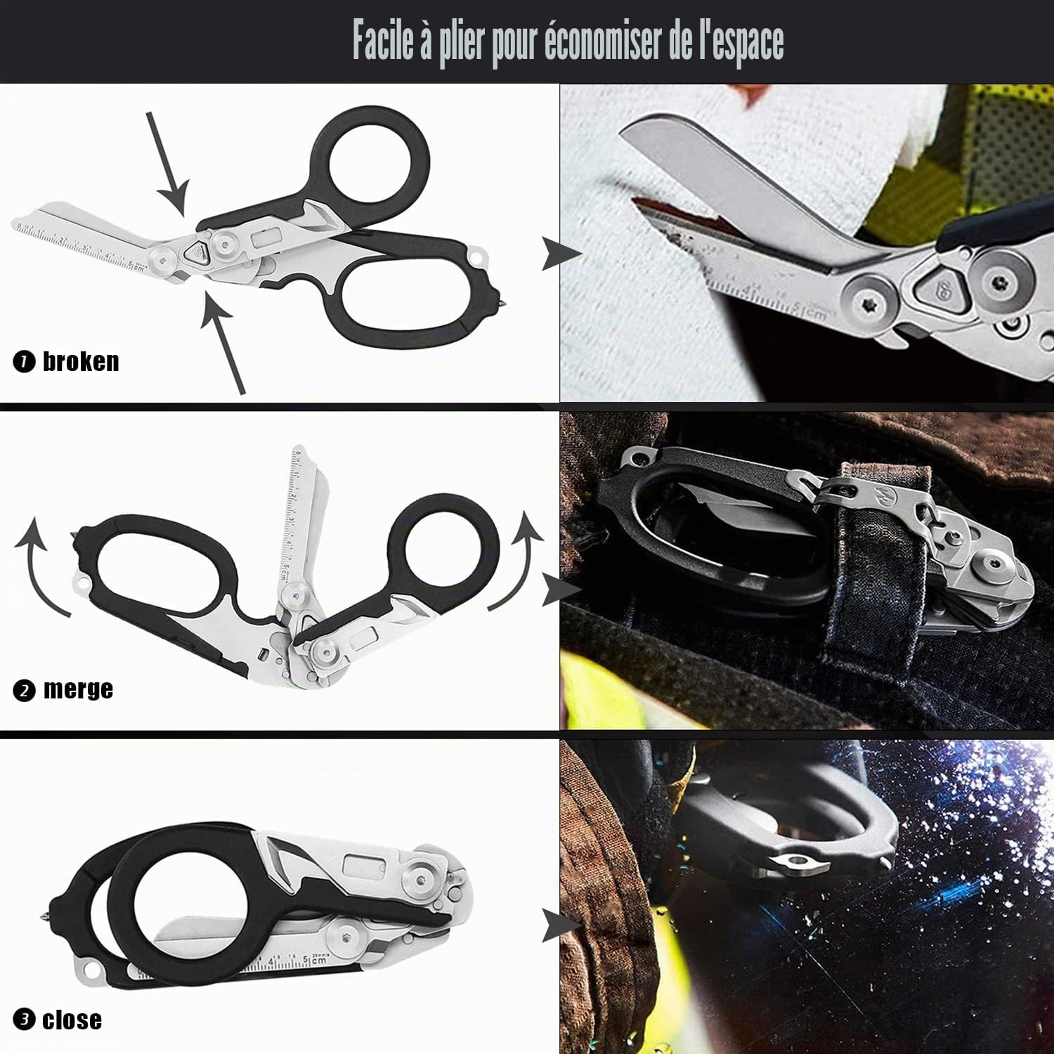 Ciseaux d'Urgence Rescue Multifonctions - Pour Bandages Médicaux, Secours et Sauvetage - Pliables pour Professionnels de la Santé