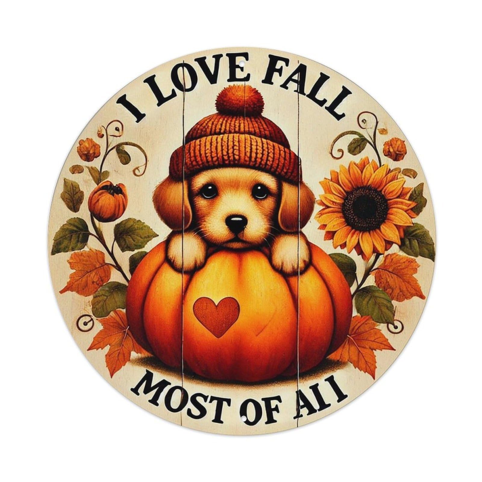 Puppy In Pumpkin With Sunflowers Tin Sign Metal Poster Vintage Metal Signs for Home Man Cave Bar Cafe Kitchen laundry room Wall Decorations 8x8 inches