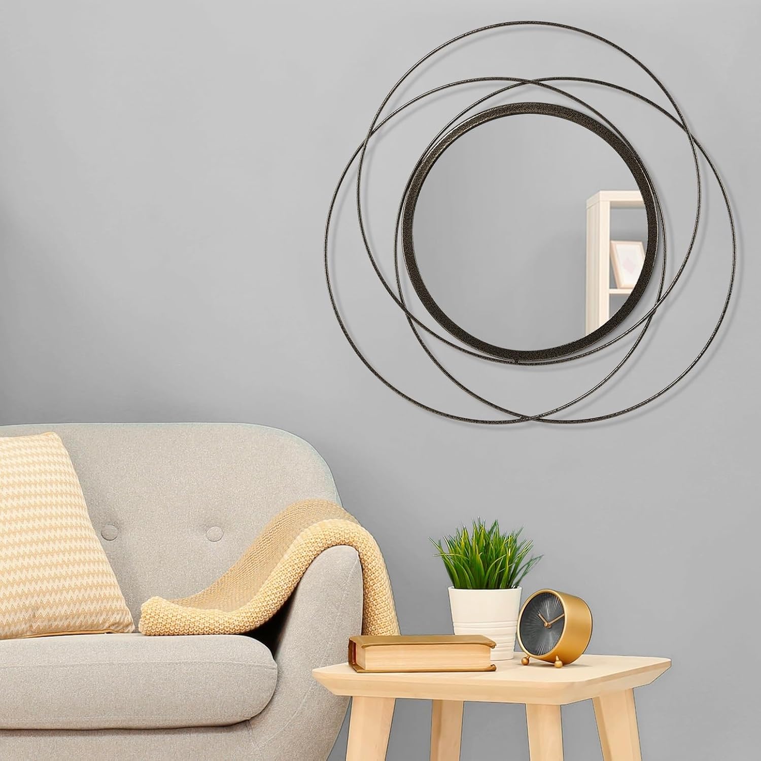 Circle Mirror for Wall with Iron Metal Wire Frame Wall-Mounted Mirror for Home Decor Living Room Bedroom Bathroom Entryway Large Brass 24" x 24" image 3