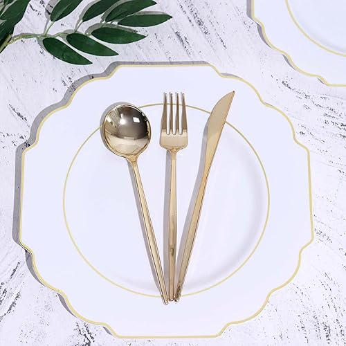 Miniatura 6 de Efavormart - Paquete de 10 platos llanos de plástico duro blanco de 11 pulgadas, vajilla desechable, platos barrocos resistentes con borde dorado