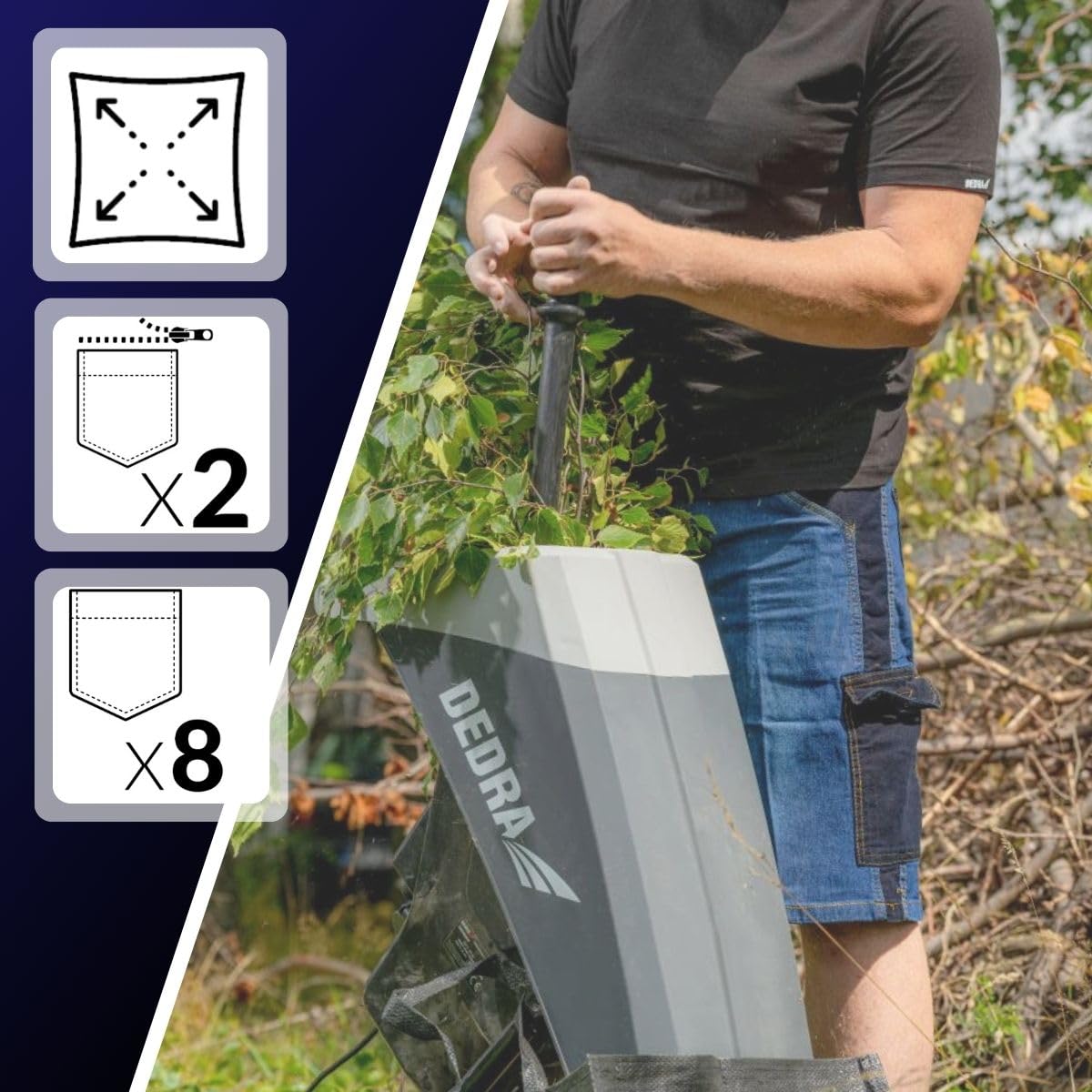 Dedra Jeans-Shorts, Kurze Arbeitsjeans, Denim-Shorts, Gewebegewicht 280 g/m², Slim-Fit-Design, Funktionale Schwarze Taschen - Zwei mit Klettverschluss, Einsätze aus elastischem Material, Metallknopf