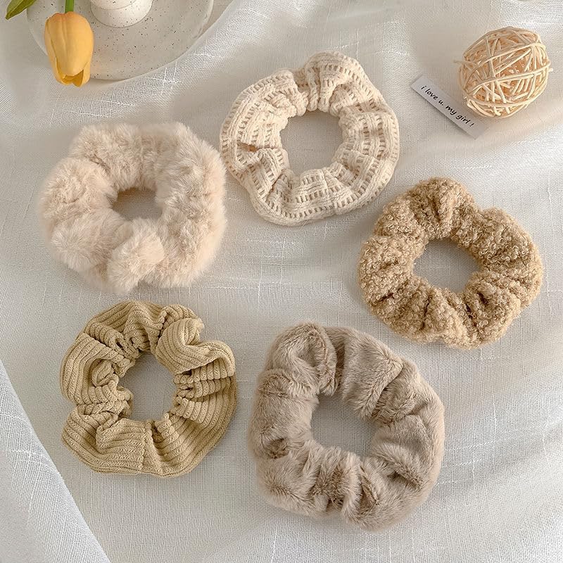 Miniatura 7 de 5 piezas de coleteros peludos - Coleteros elásticos para el cabello, bandas para el cabello con soporte para cola de caballo, accesorios para el