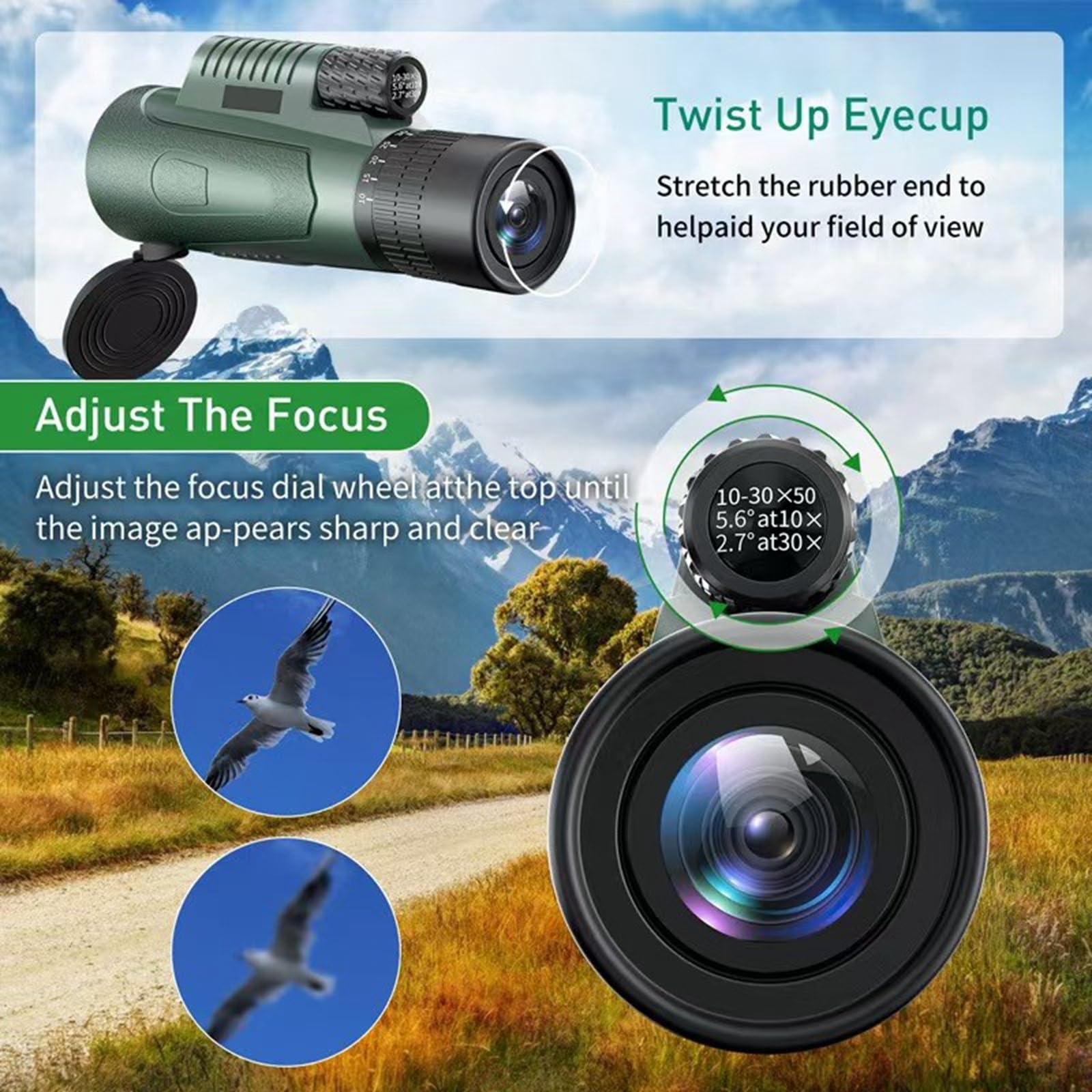 Monocular, 10-30x50 Monocular Telescope, für Erwachsene und Kinder, FMC BAK4 Prisma, Monokular klein, für sportveranstaltungen Vogelbeobachtung Reisen Jagd Konzert Sport im Freien