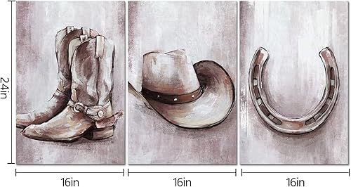 Miniatura 2 de HOMEOART Lienzo enmarcado para decoración de pared de vaquero, decoración rústica de habitación occidental para niños, 16 x 24 pulgadas x 3 piezas
