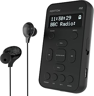 AZATOM A2 DAB/DAB+ Portable Digital Radio, Sports model, Pocket size, Rechargeable battery with 24hr playtime, Earphone, 40 Station Presets, Clock (Black)