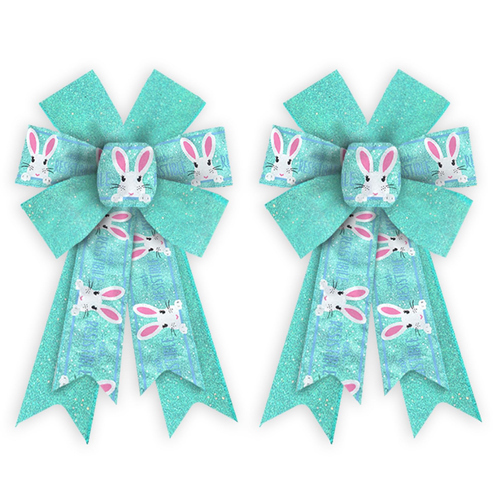 Threetols 2 Pack Easter Wreath Bows, Blue Glitter Bows for Wreath Easter Bunny Decoration Bows for Indoor Outdoor Holiday Spring Easter Party Decor