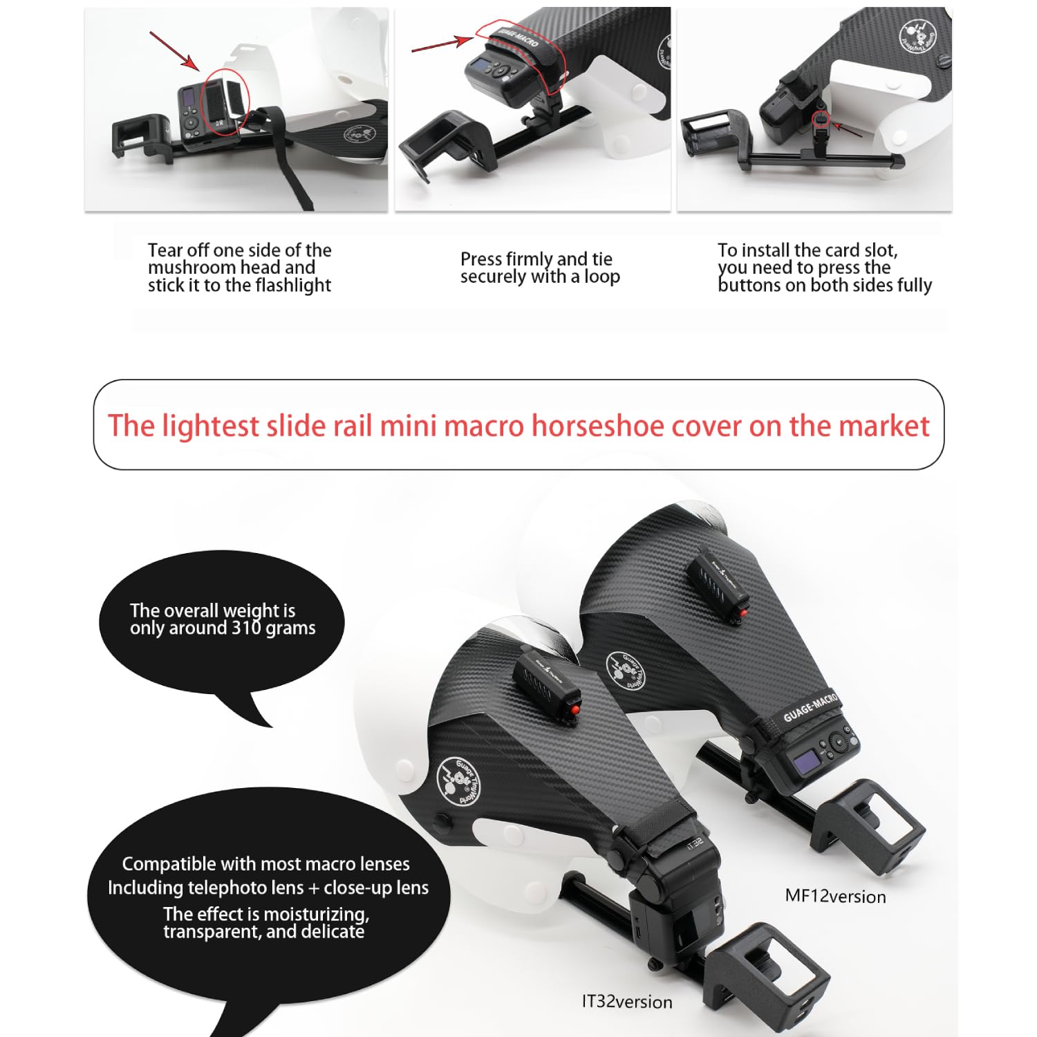 Guage Diffuseur de flash macro pour flash MF12, diffuseur fer à cheval avec support télescopique, Hot Shoe version surélevée, diffuseur macro pour macro, photographie d'insectes et gros plan