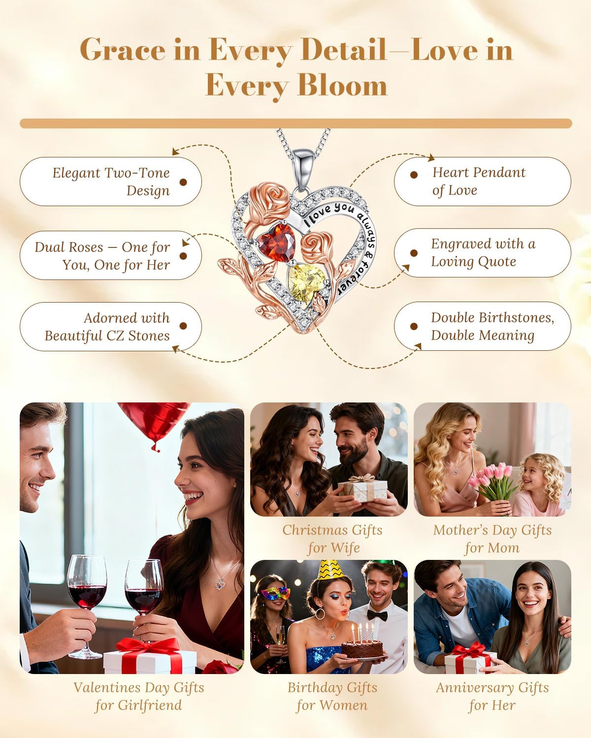 I Love You Birthstone Necklace, 925 Sterling Silver Heart Pendant with CZ Diamond Stones, Birthday Gifts for Women, Romantic Gift for Wife, Girlfriend, Her, Anniversary, Valentine's Day, Christmas - Image 5