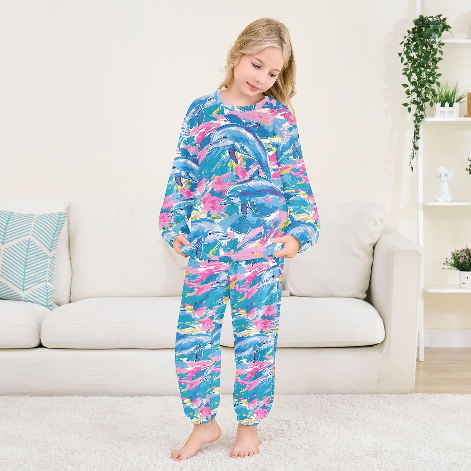 Kids Flannel Sets Dolphins Painting Warm Plush Relaxed Clothing for Boys and Girls