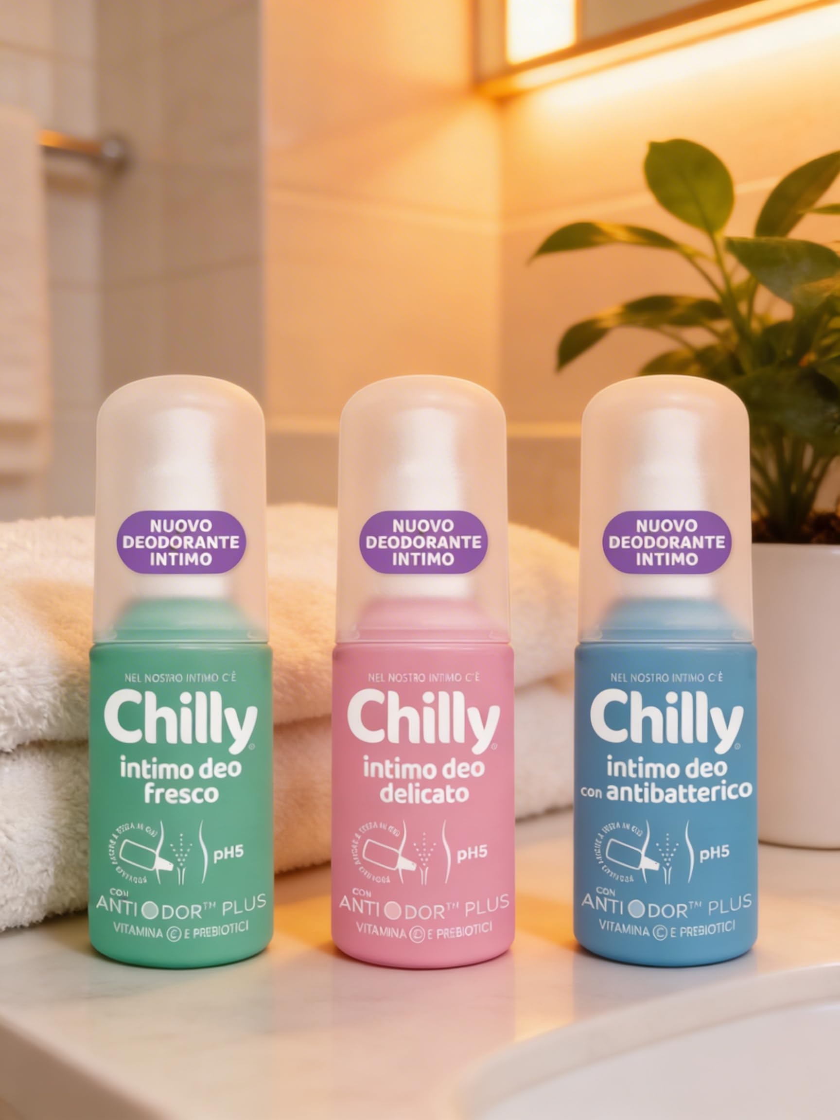 Chilly Deodorante Intimo Set 3 Pezzi, Fresco Delicato Antibatterico, pH5 con Antiodor Plus, Vitamina E e Prebiotici